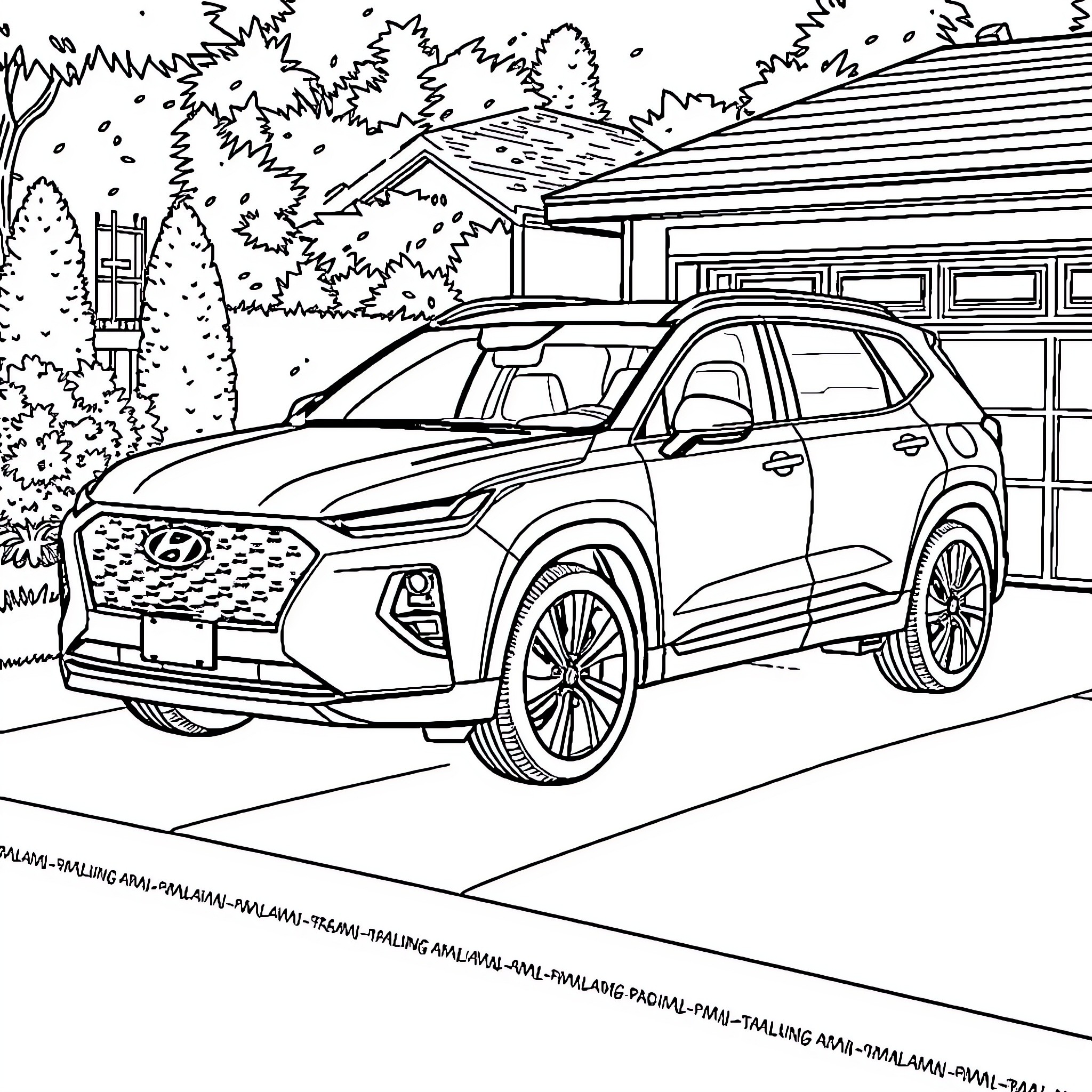 Hyundai Sante Fe parked in front of a house Coloring Page (free black-and-white line drawing printable PDF for all, from beginners to advanced learners, including children, teens, adults, and seniors)
