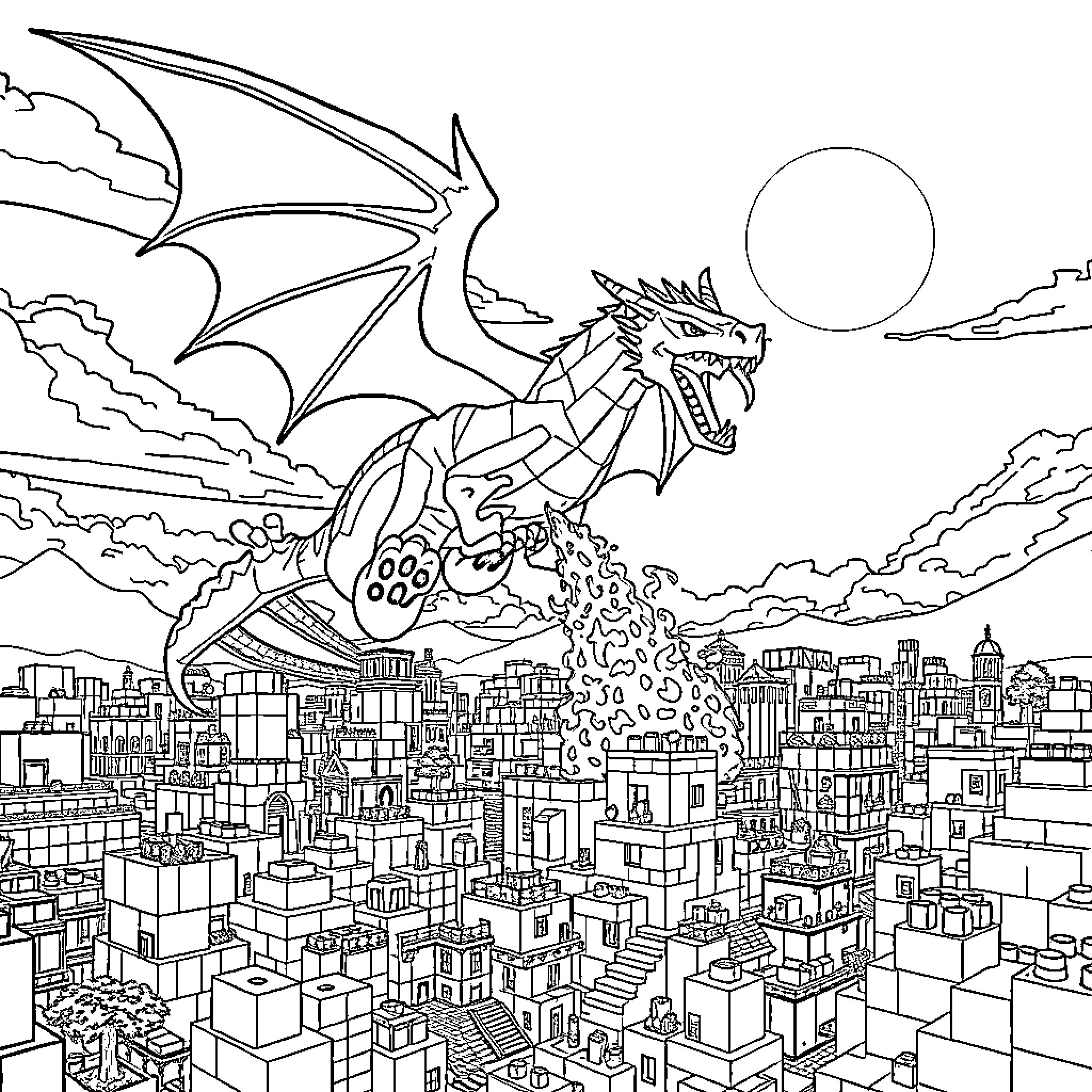 Dragon breathing fire over a city Coloring Page (free black-and-white line drawing printable PDF for all, from beginners to advanced learners, including children, teens, adults, and seniors)