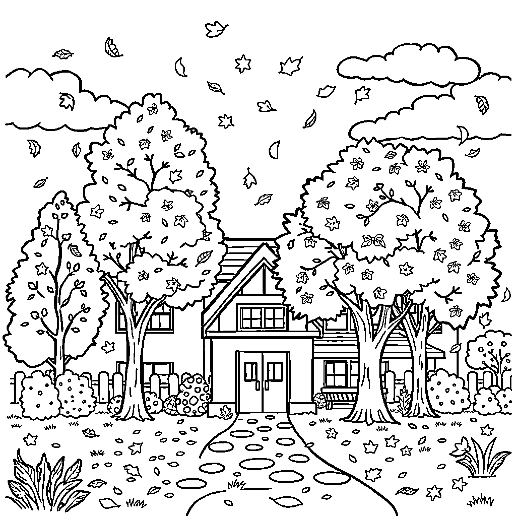 School Autumn Landscape with Falling Leaves Coloring Page (free black-and-white line drawing printable PDF for all, from beginners to advanced learners, including children, teens, adults, and seniors)