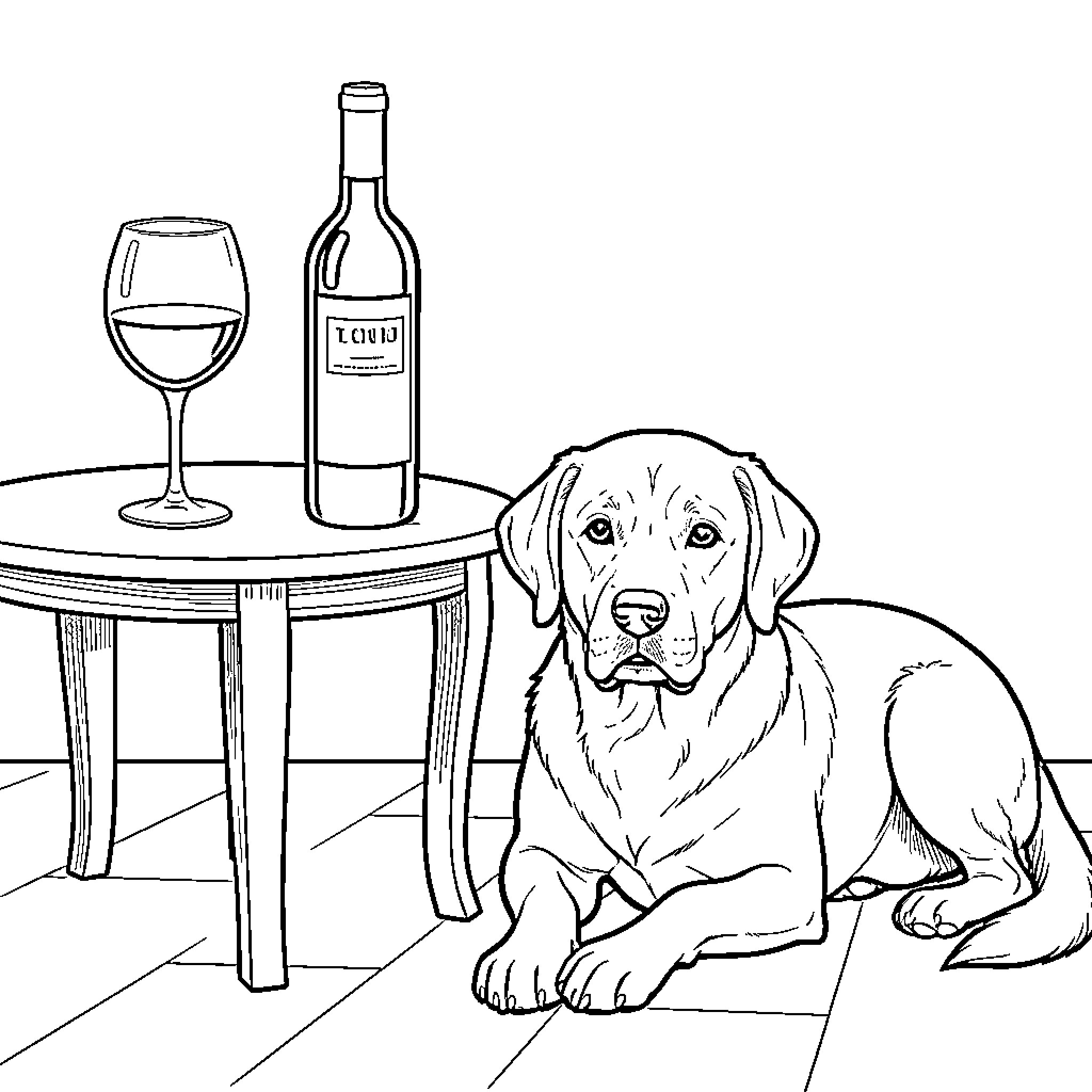 Wine bottle and glass sitting beside a resting dog Coloring Page (free black-and-white line drawing printable PDF for all, from beginners to advanced learners, including children, teens, adults, and seniors)