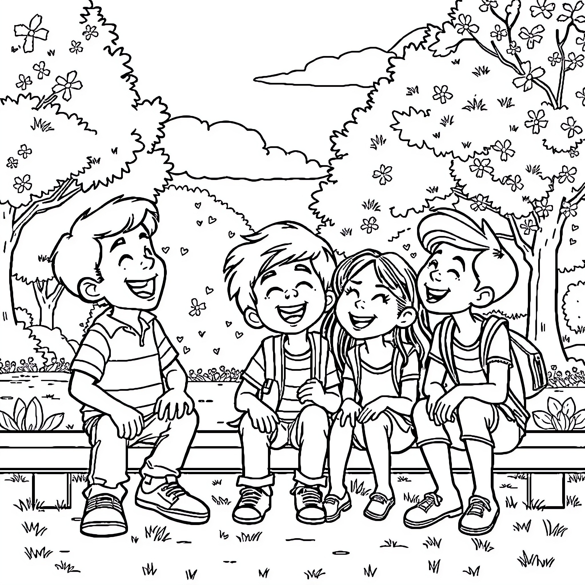 Lucas and friends enjoying the outdoors together Coloring Page (free black-and-white line drawing printable PDF for all, from beginners to advanced learners, including children, teens, adults, and seniors)