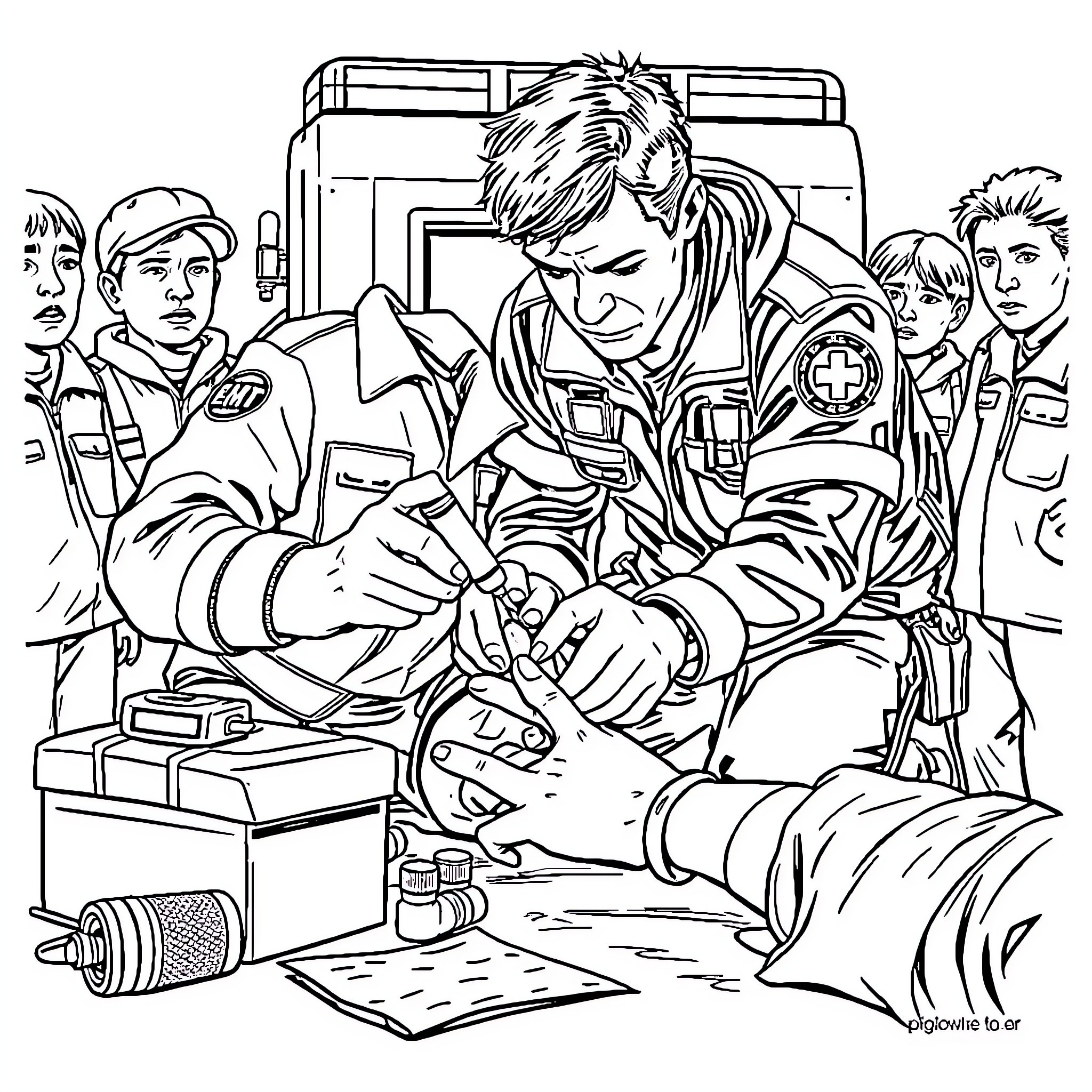 EMT Providing Emergency Medical Care Coloring Page (free black-and-white line drawing printable PDF for all, from beginners to advanced learners, including children, teens, adults, and seniors)