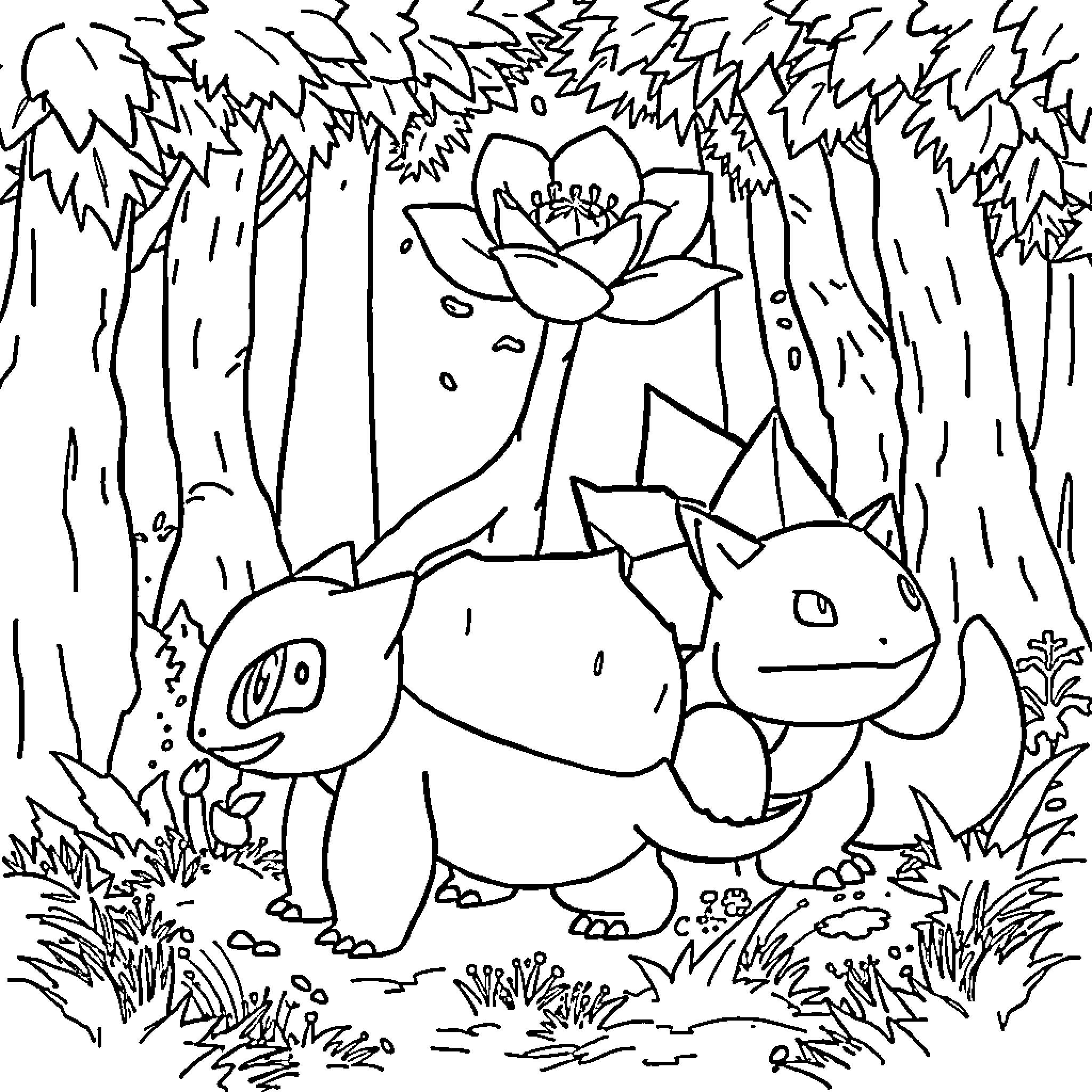 Bulbasaur exploring the forest with friends Coloring Page (free black-and-white line drawing printable PDF for all, from beginners to advanced learners, including children, teens, adults, and seniors)
