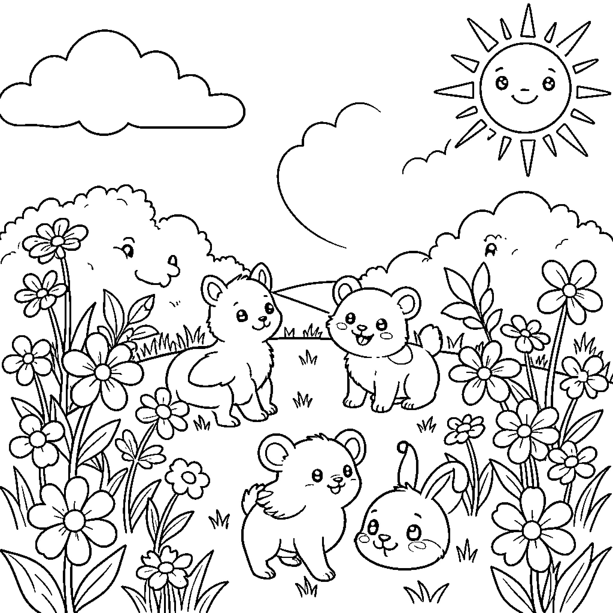 Spring Meadow with Playful Animals and Flowers Coloring Page (free black-and-white line drawing printable PDF for all, from beginners to advanced learners, including children, teens, adults, and seniors)