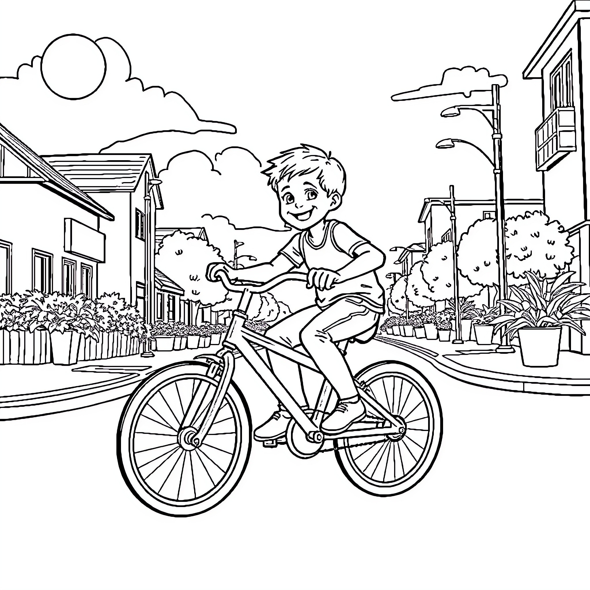 Boy riding bicycle happily down neighborhood street Coloring Page (free black-and-white line drawing printable PDF for all, from beginners to advanced learners, including children, teens, adults, and seniors)