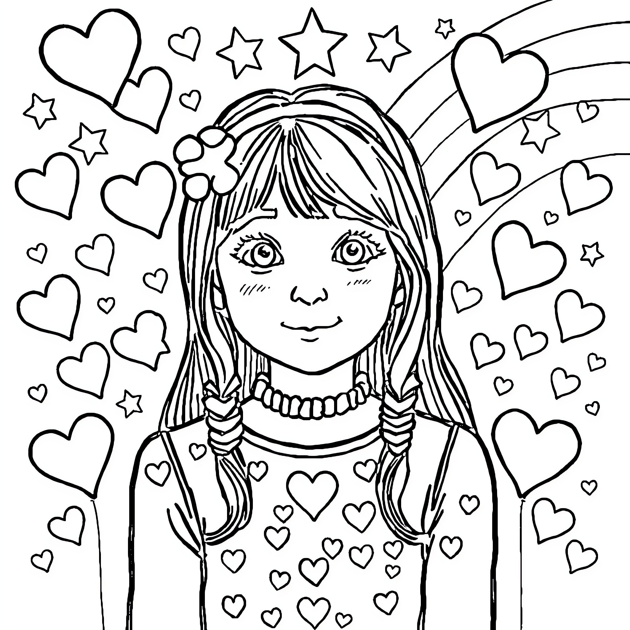 Star Girl with Hearts and Stars Illustration Coloring Page (free black-and-white line drawing printable PDF for all, from beginners to advanced learners, including children, teens, adults, and seniors)