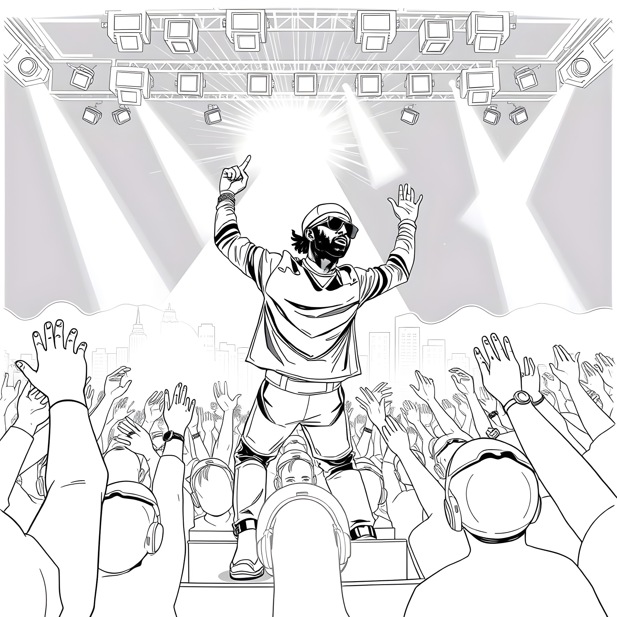 Bruno Mars performing energetically on stage with excited crowd Coloring Page (free black-and-white line drawing printable PDF for all, from beginners to advanced learners, including children, teens, adults, and seniors)