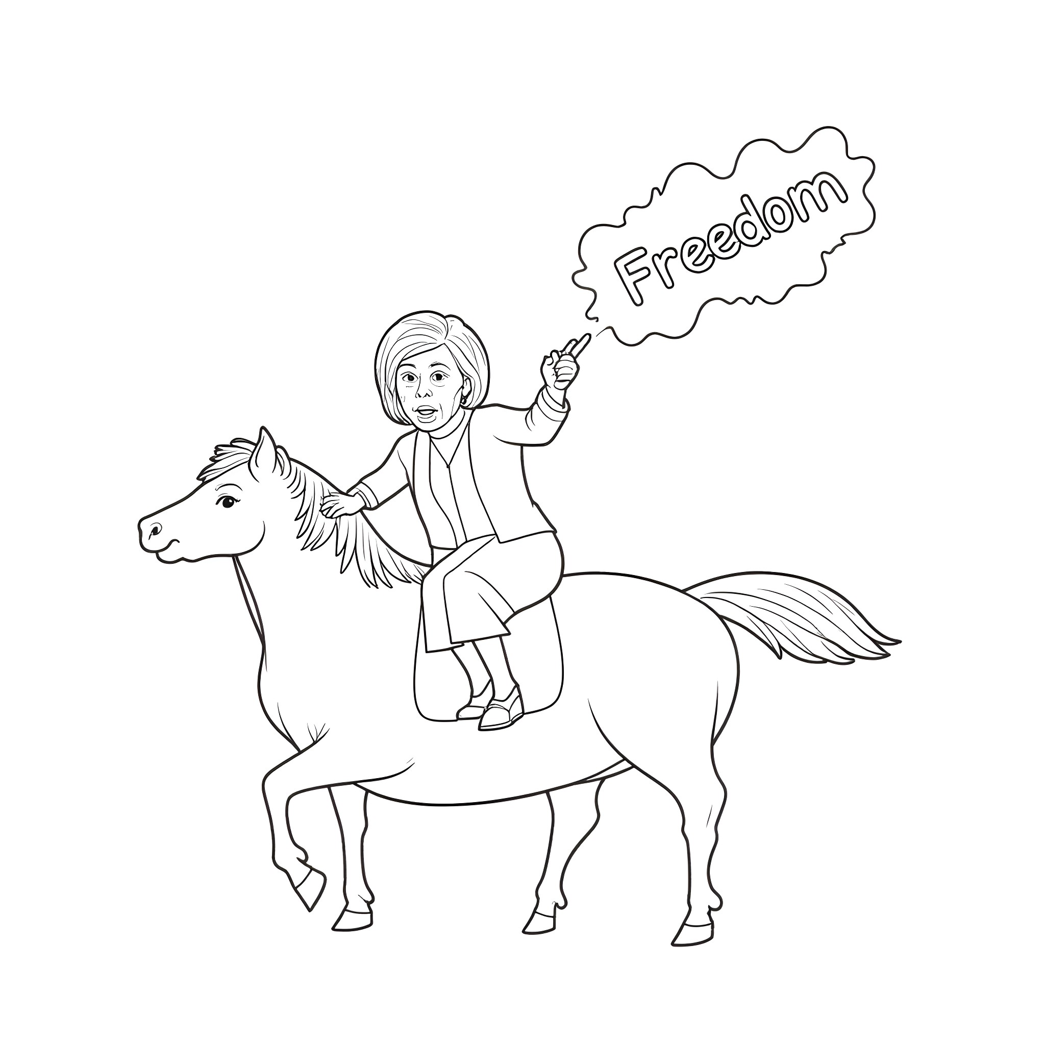 Donald Trump riding a horse and shouting 'Freedom' Coloring Page (free black-and-white line drawing printable PDF for all, from beginners to advanced learners, including children, teens, adults, and seniors)