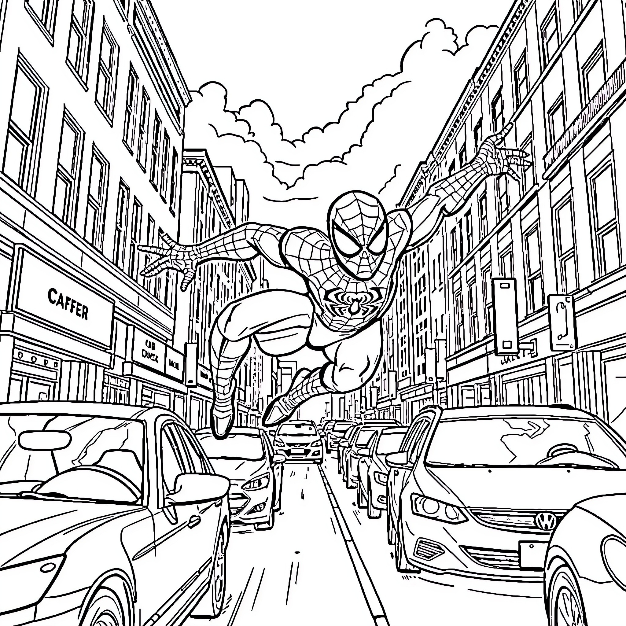 Spiderman swinging through the city streets Coloring Page (free black-and-white line drawing printable PDF for all, from beginners to advanced learners, including children, teens, adults, and seniors)
