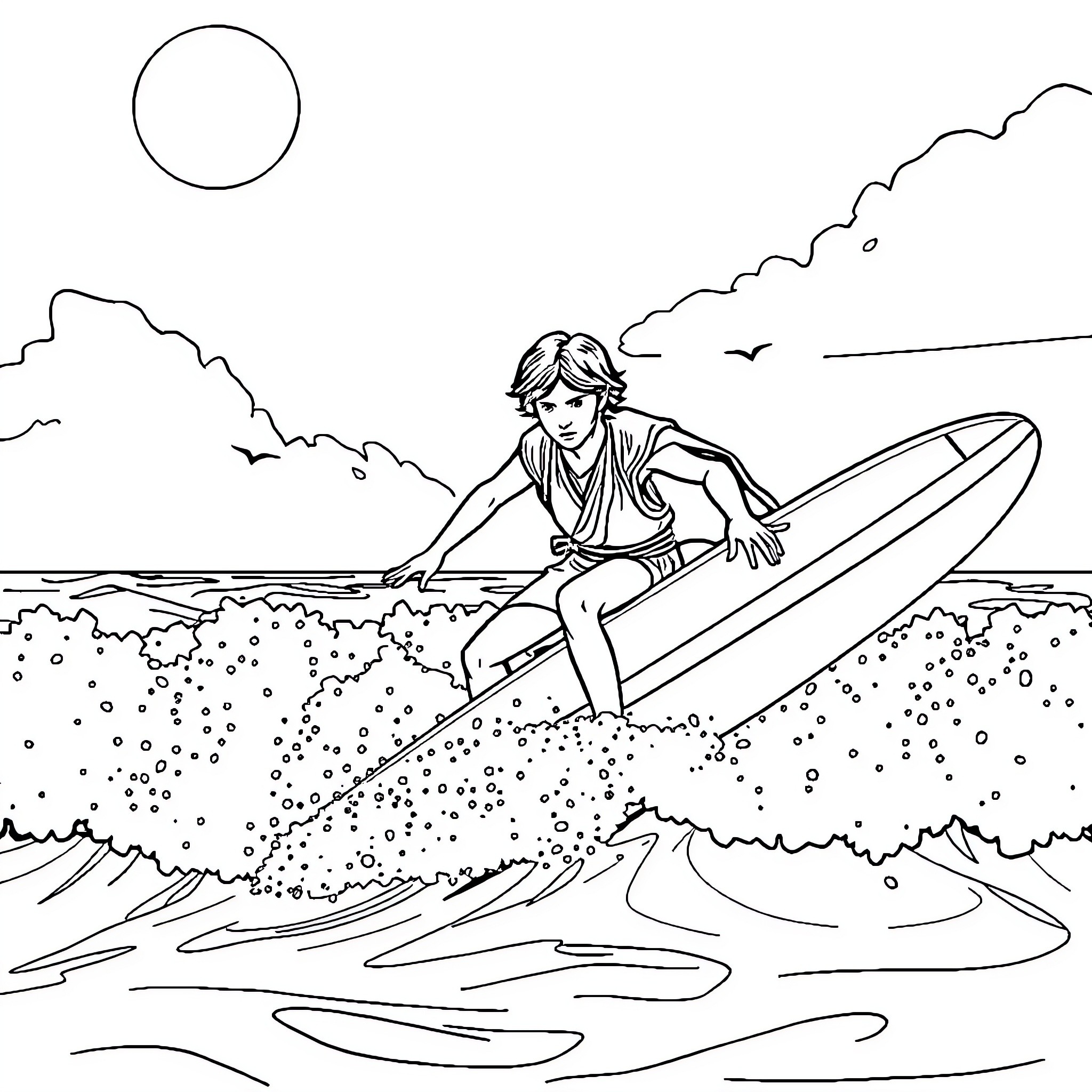 Luke Skywalker surfing on the waves Coloring Page (free black-and-white line drawing printable PDF for all, from beginners to advanced learners, including children, teens, adults, and seniors)