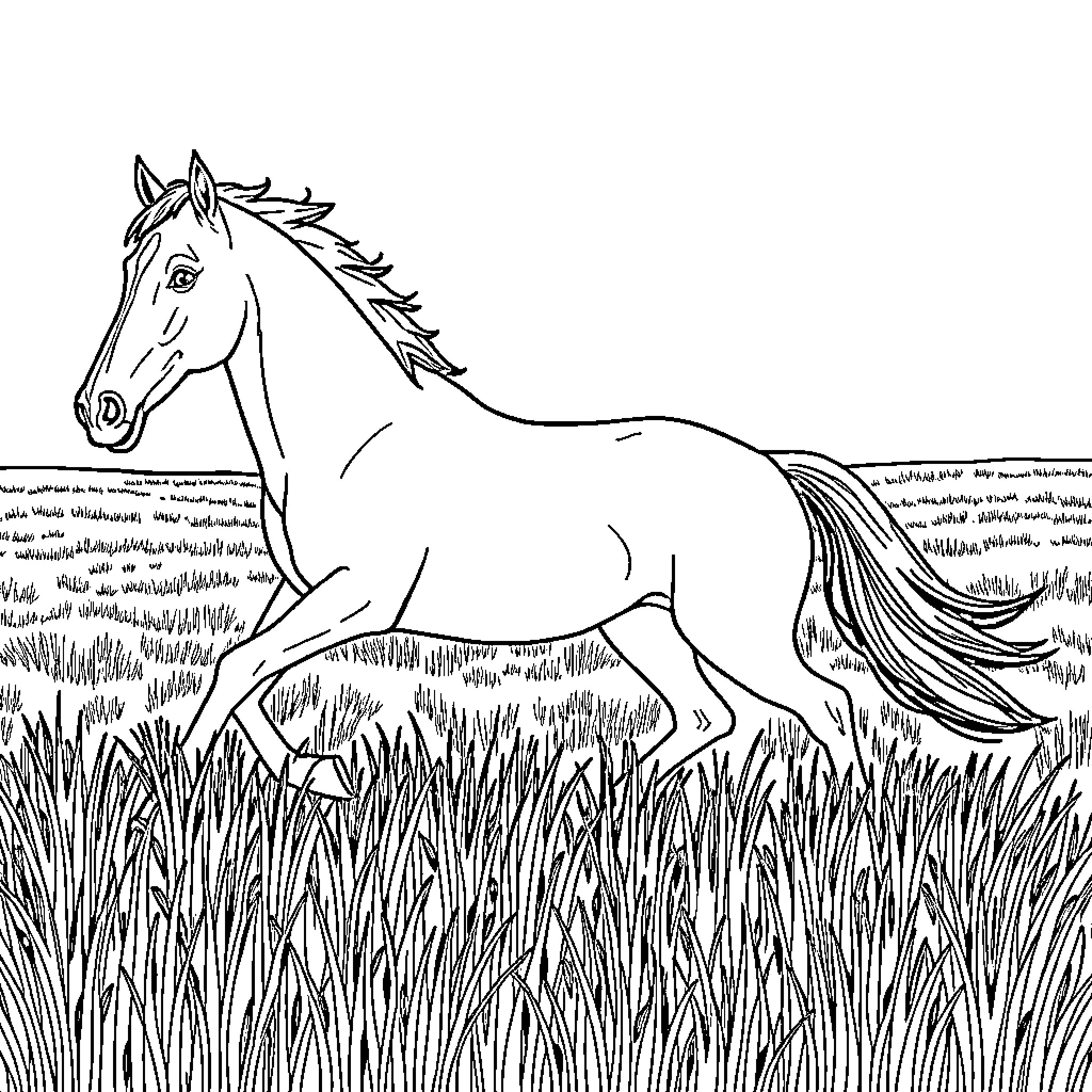 Horse trotting through a grassy field Coloring Page (free black-and-white line drawing printable PDF for all, from beginners to advanced learners, including children, teens, adults, and seniors)