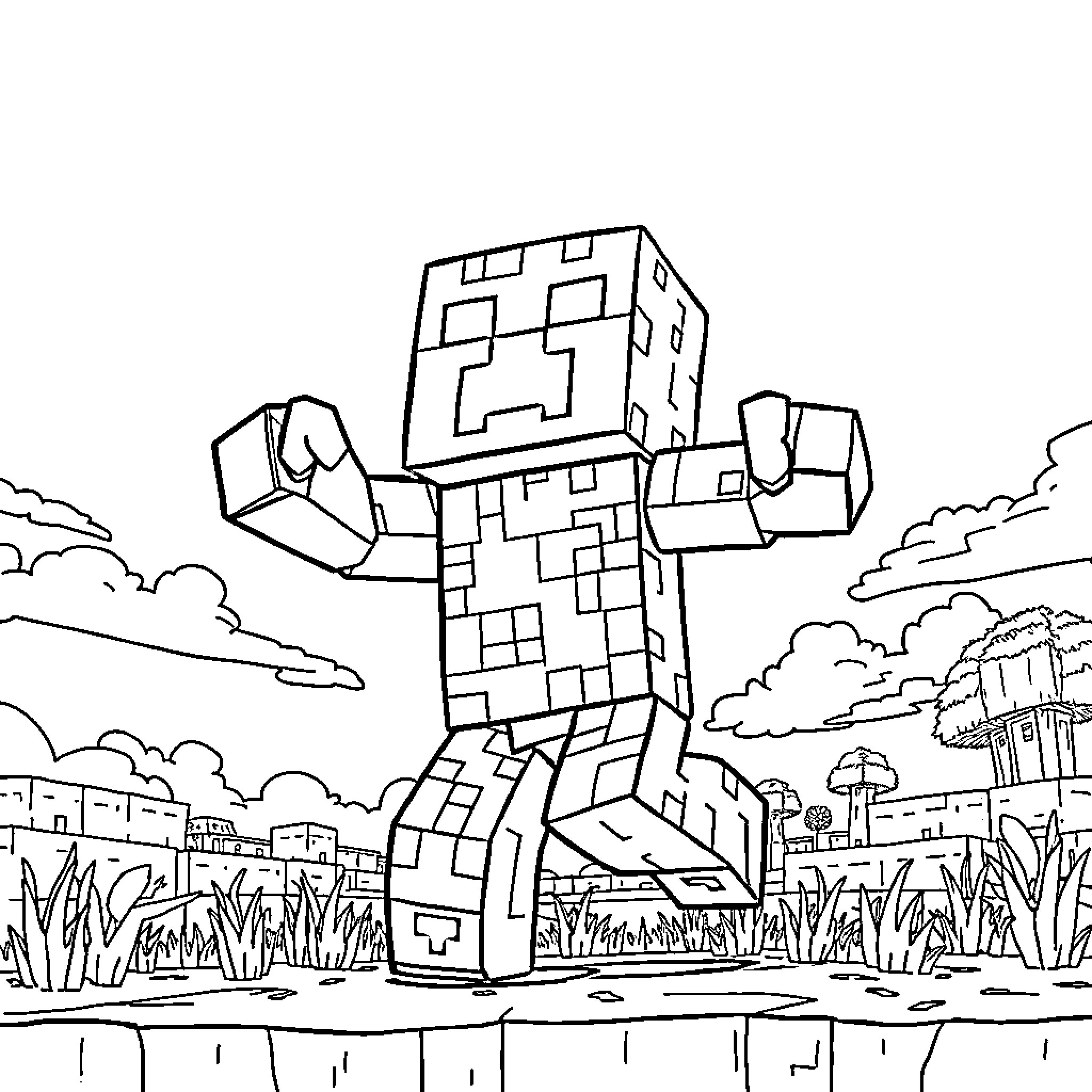 Creeper Exploring the Pixelated Landscape Coloring Page (free black-and-white line drawing printable PDF for all, from beginners to advanced learners, including children, teens, adults, and seniors)