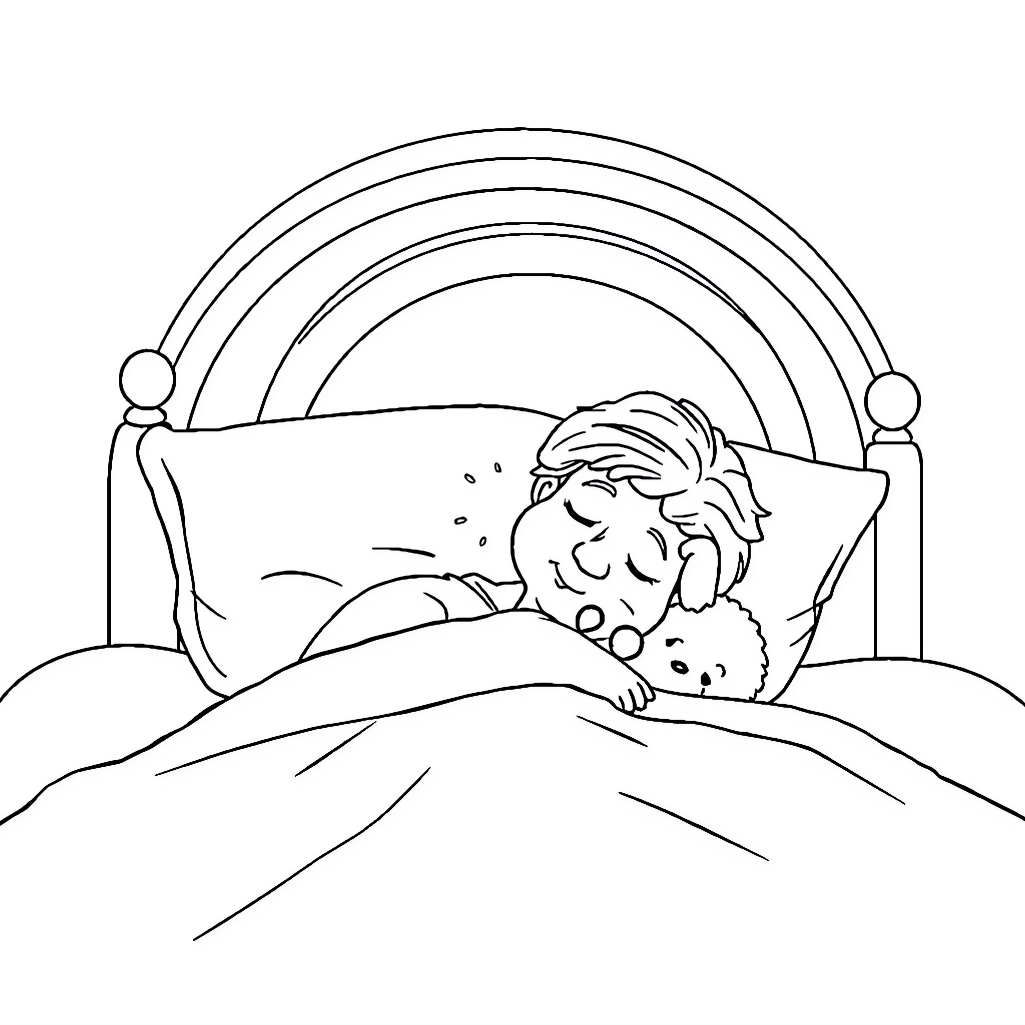 Grandma comforting sleeping child in bed Coloring Page (free black-and-white line drawing printable PDF for all, from beginners to advanced learners, including children, teens, adults, and seniors)