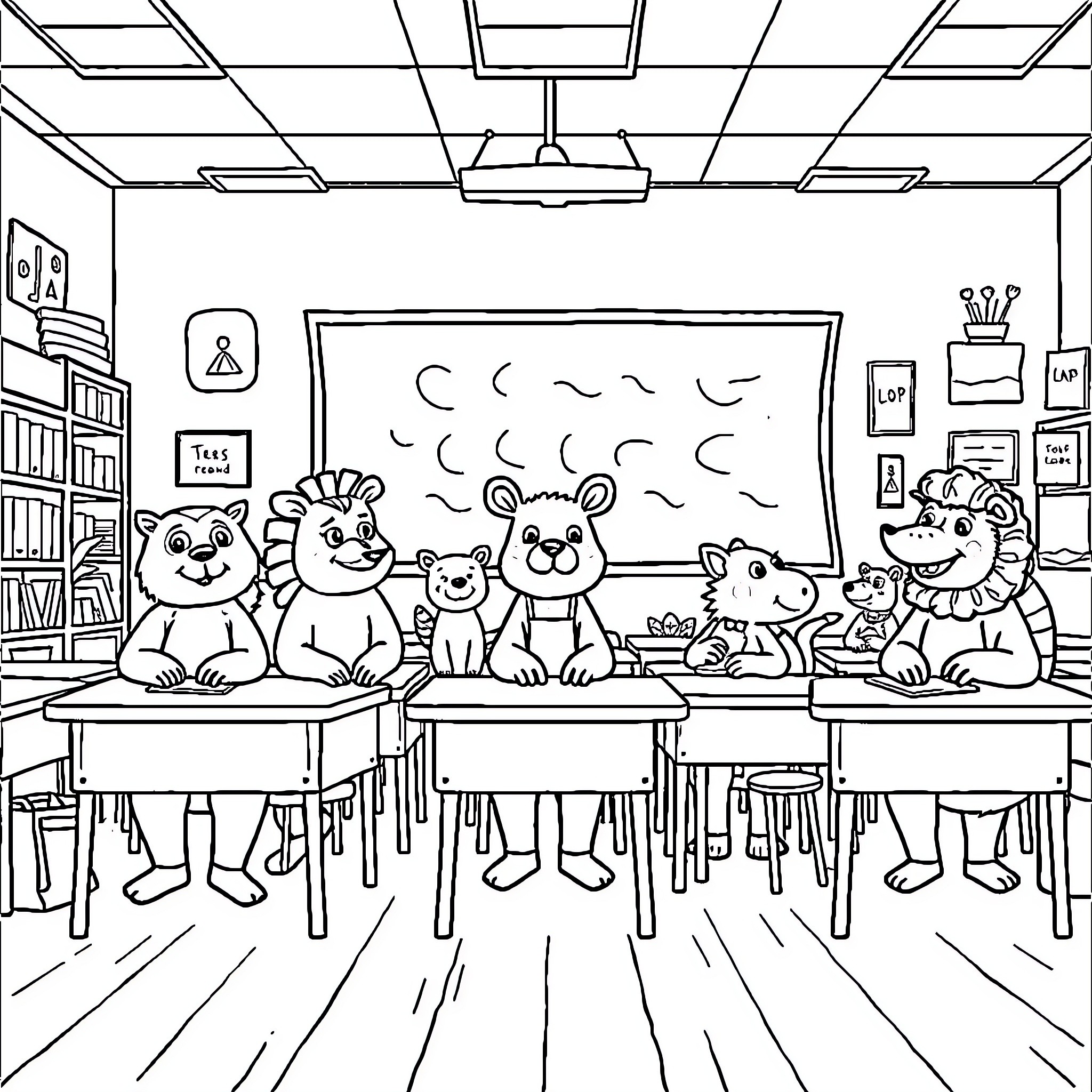 Animal characters in classroom setting Coloring Page (free black-and-white line drawing printable PDF for all, from beginners to advanced learners, including children, teens, adults, and seniors)
