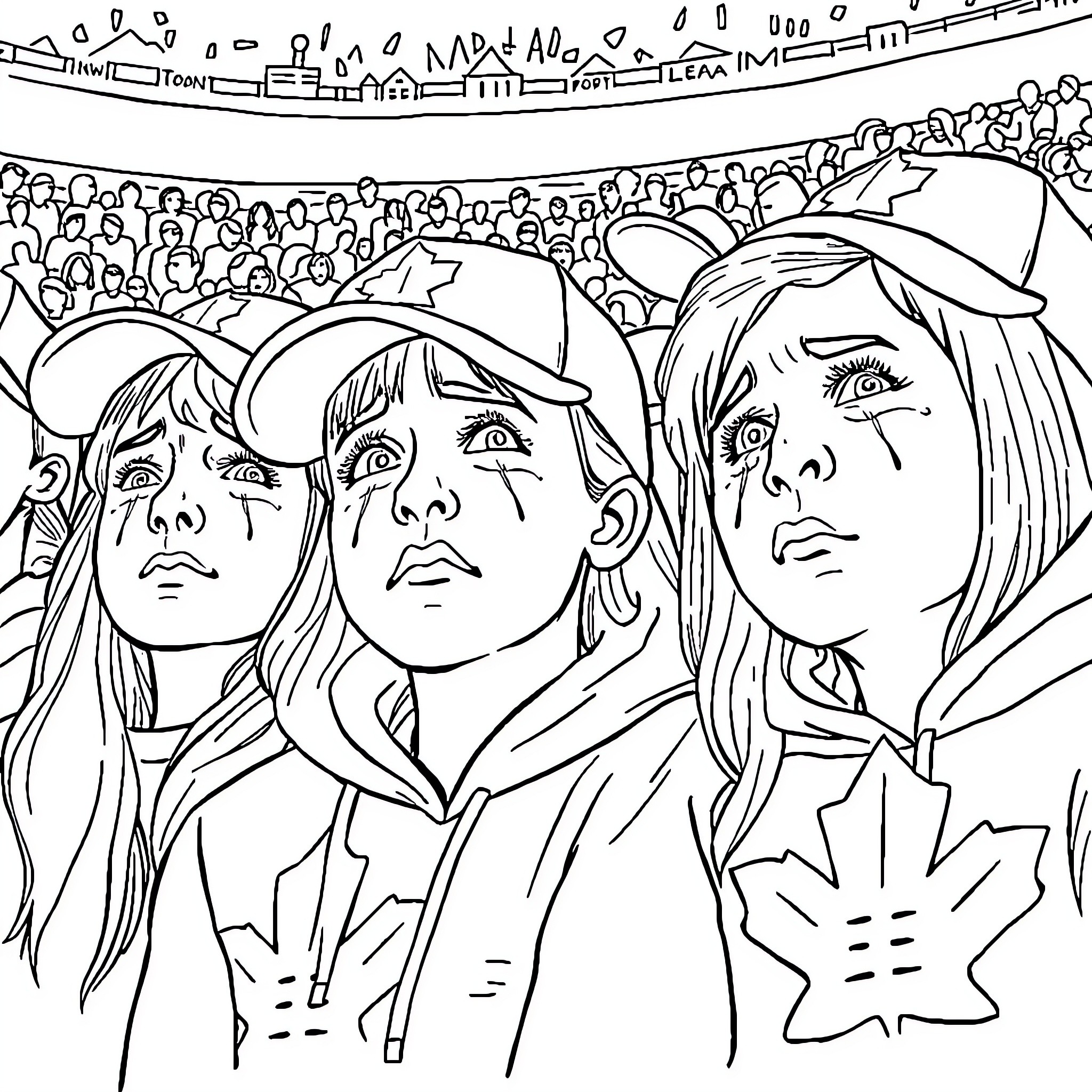 Fan Faces in a Crowded Event Coloring Page (free black-and-white line drawing printable PDF for all, from beginners to advanced learners, including children, teens, adults, and seniors)