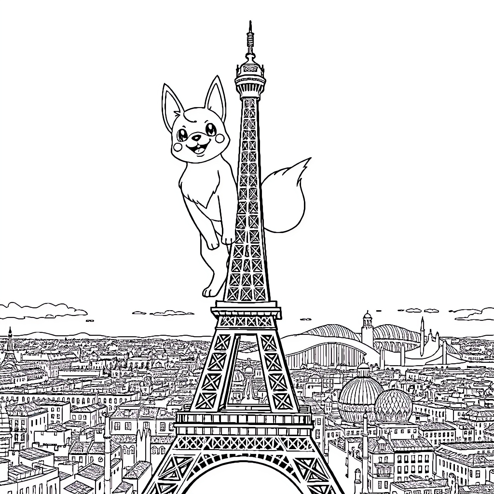Dingo enjoying the view of Paris skyline Coloring Page (free black-and-white line drawing printable PDF for all, from beginners to advanced learners, including children, teens, adults, and seniors)