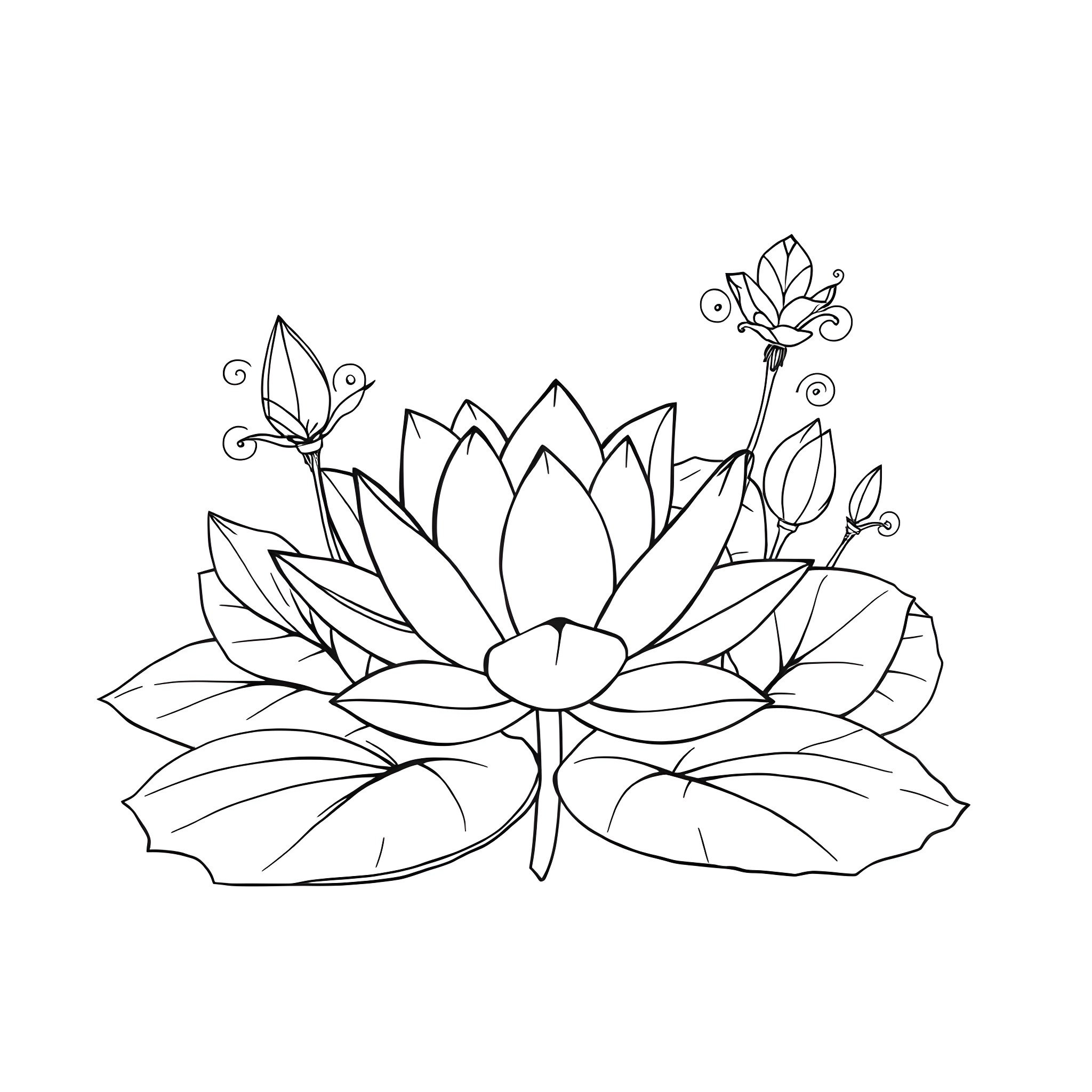 Tiana's Enchanting Lotus Blooms Coloring Page (free black-and-white line drawing printable PDF for all, from beginners to advanced learners, including children, teens, adults, and seniors)