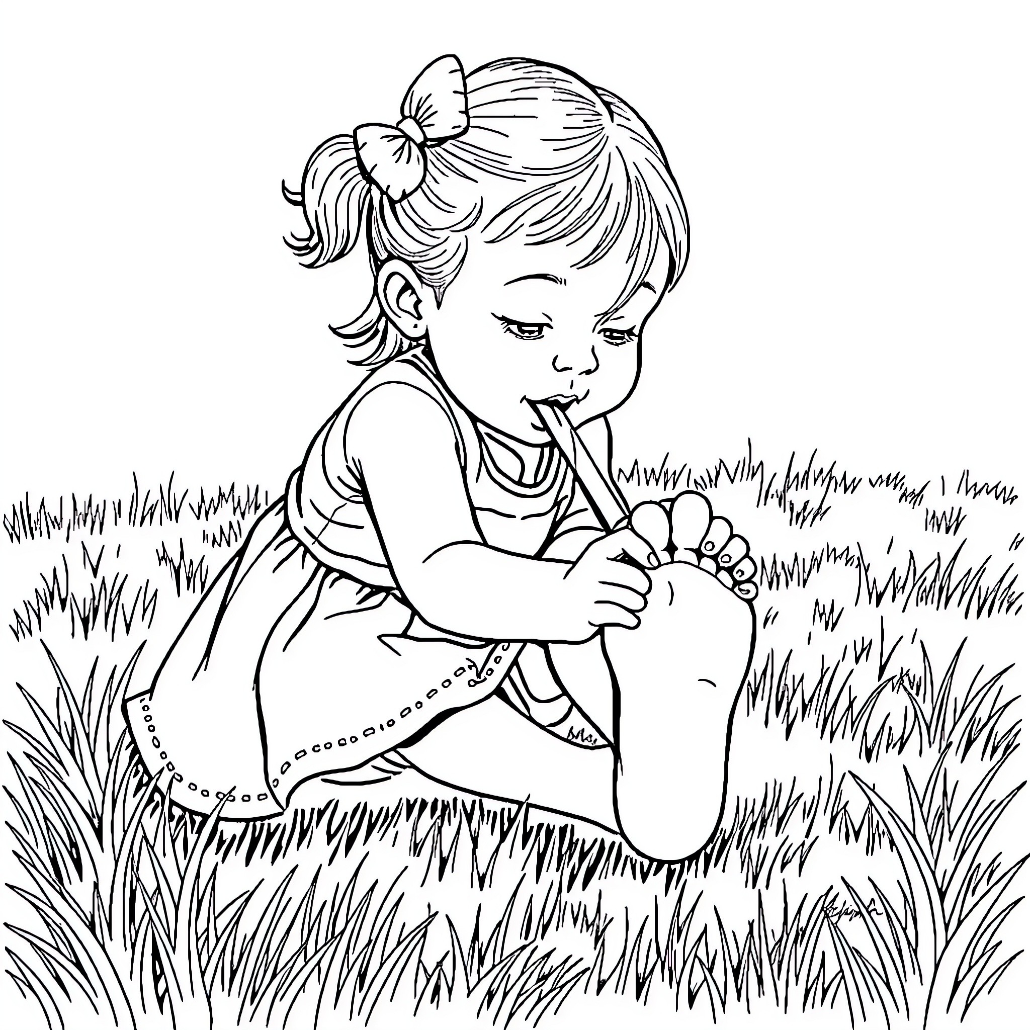 Girl exploring nature in a grassy field Coloring Page (free black-and-white line drawing printable PDF for all, from beginners to advanced learners, including children, teens, adults, and seniors)