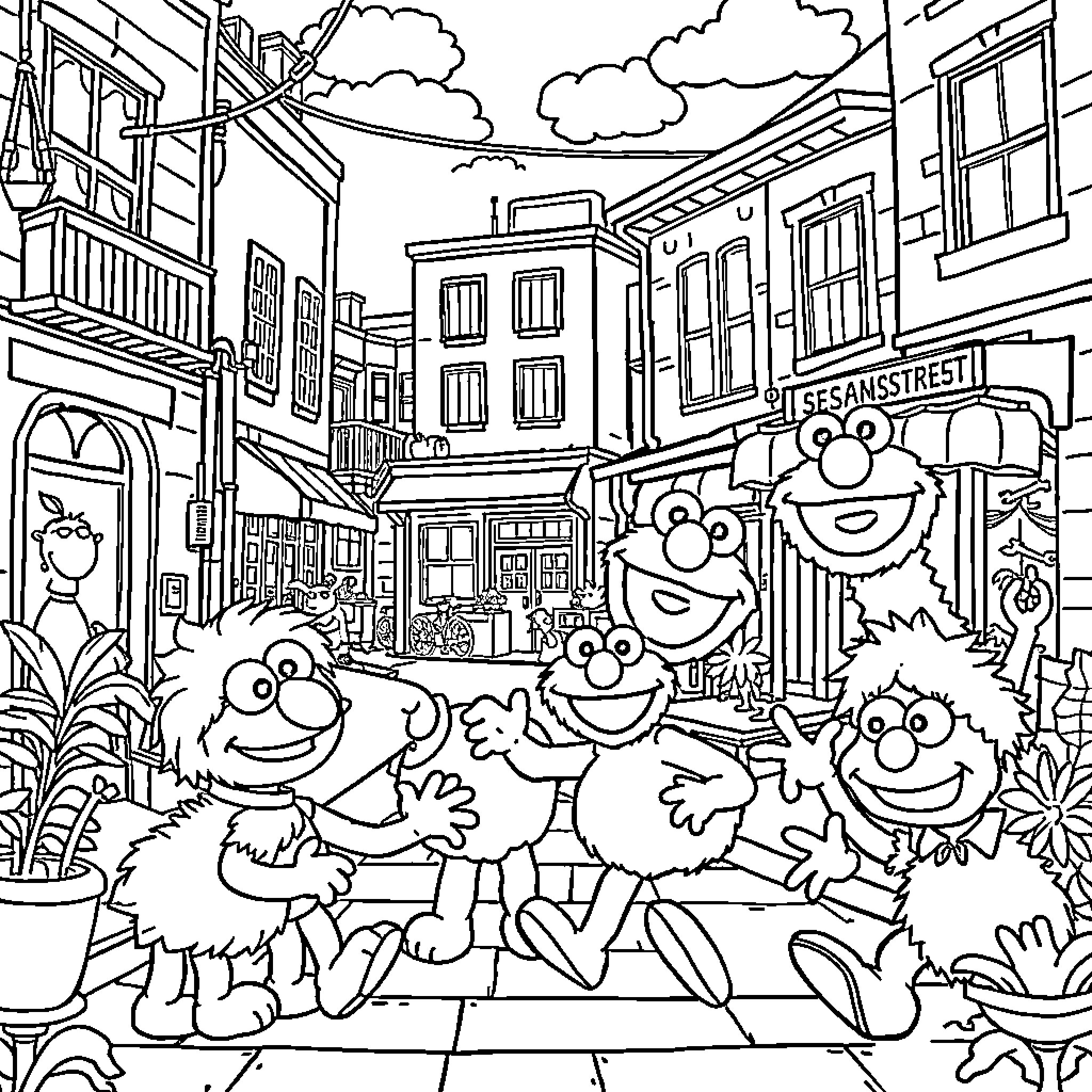 Sesame Street Character Playing and Exploring the City Coloring Page (free black-and-white line drawing printable PDF for all, from beginners to advanced learners, including children, teens, adults, and seniors)