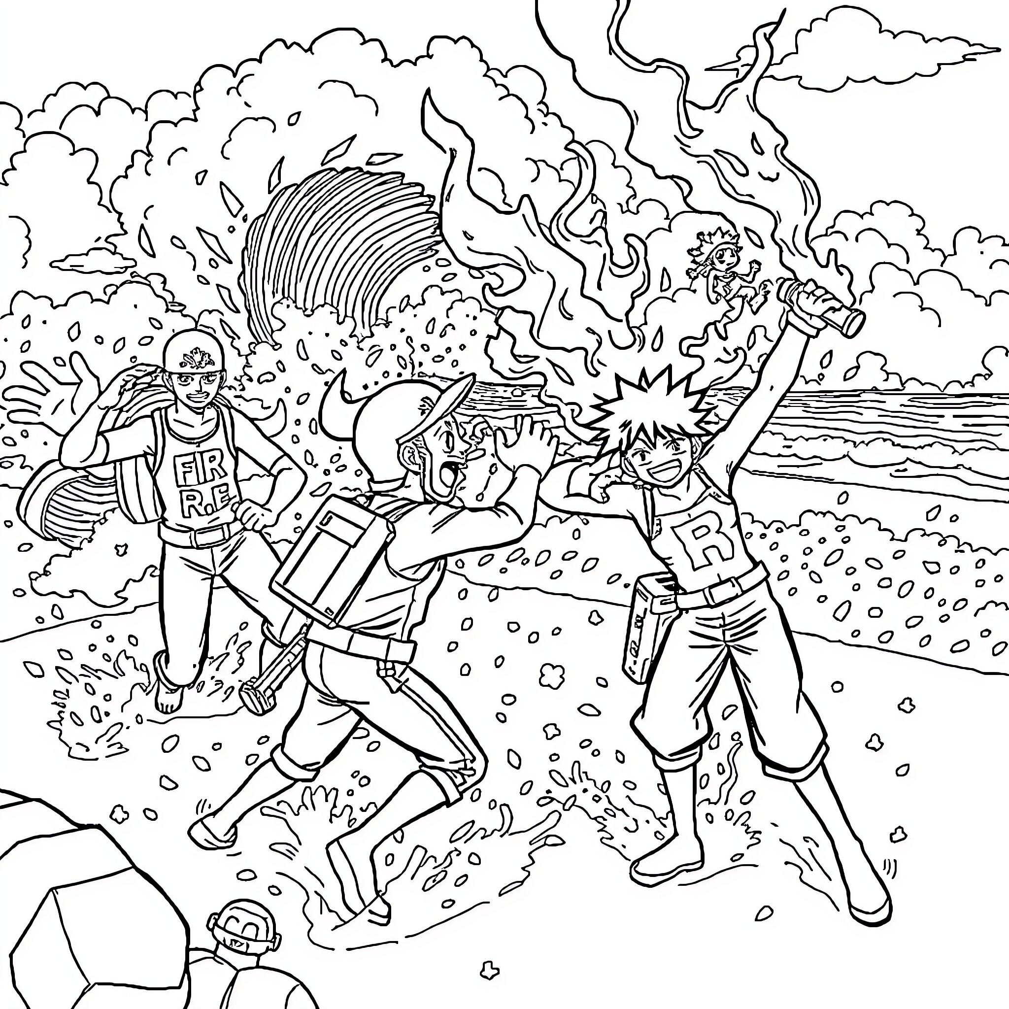 Character illustration of people fighting in a dramatic explosion Coloring Page (free black-and-white line drawing printable PDF for all, from beginners to advanced learners, including children, teens, adults, and seniors)