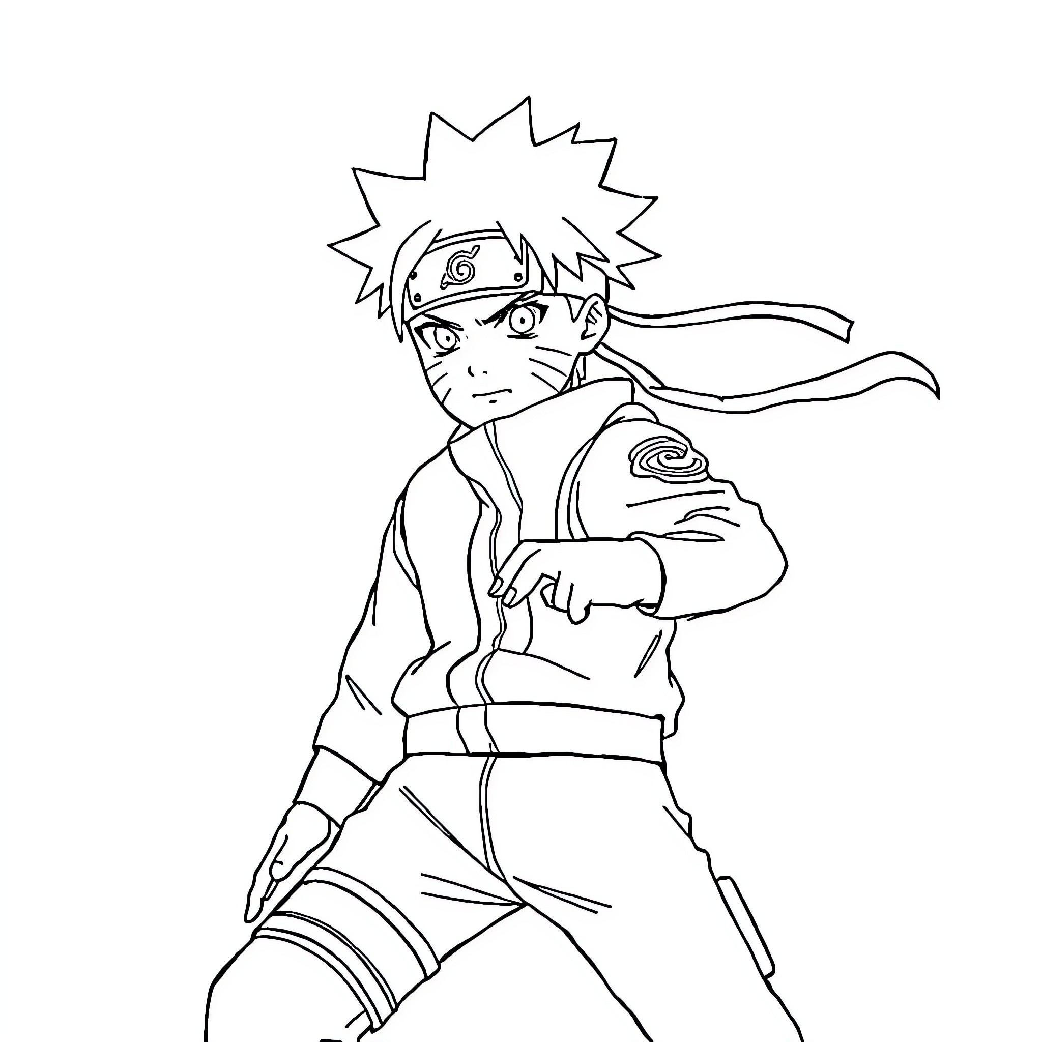 Naruto on a determined pose with ninja outfit Coloring Page (free black-and-white line drawing printable PDF for all, from beginners to advanced learners, including children, teens, adults, and seniors)