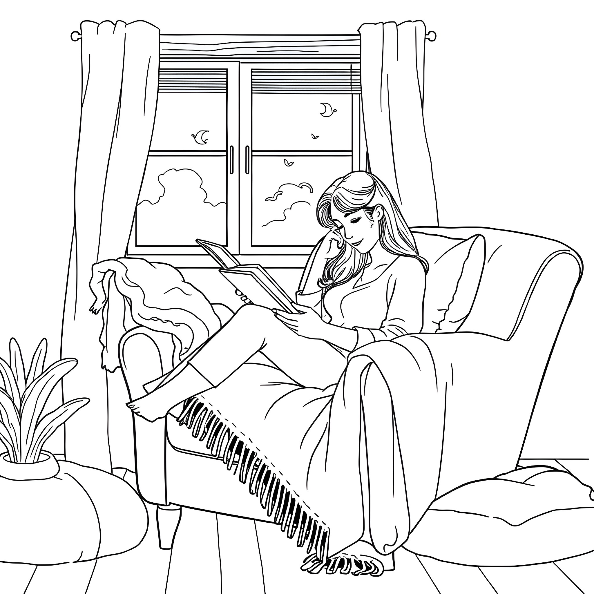 Mother reading a book on a cozy sofa Coloring Page (free black-and-white line drawing printable PDF for all, from beginners to advanced learners, including children, teens, adults, and seniors)