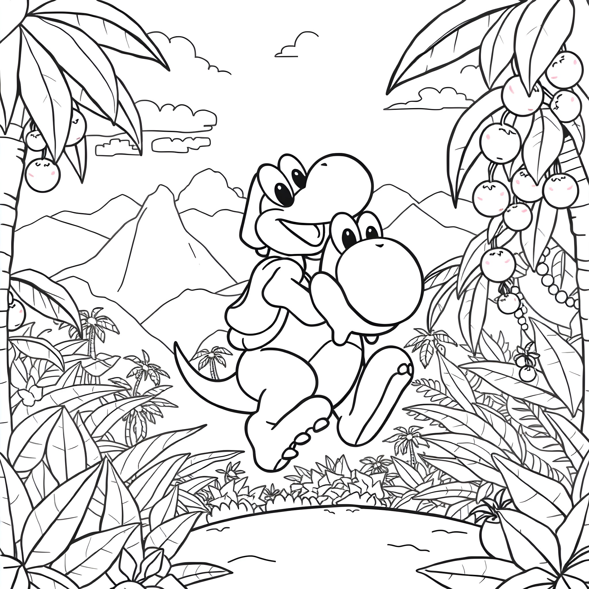 Yoshi's Tropical Adventure Coloring Page (free black-and-white line drawing printable PDF for all, from beginners to advanced learners, including children, teens, adults, and seniors)