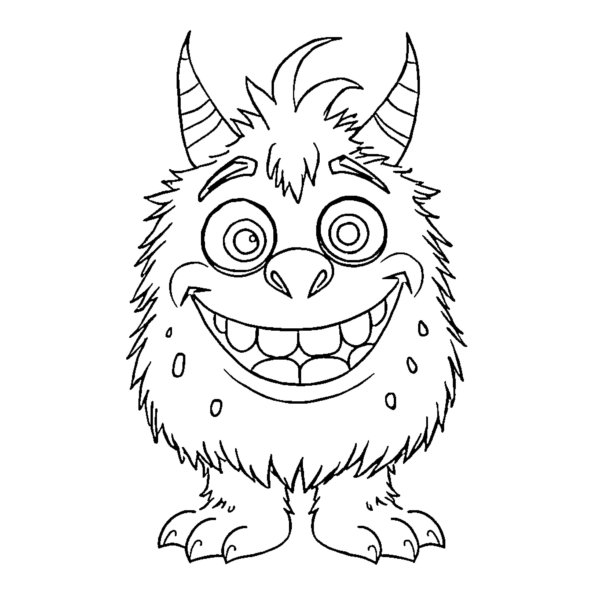 Monster with Crazy Expression and Horns Coloring Page (free black-and-white line drawing printable PDF for all, from beginners to advanced learners, including children, teens, adults, and seniors)