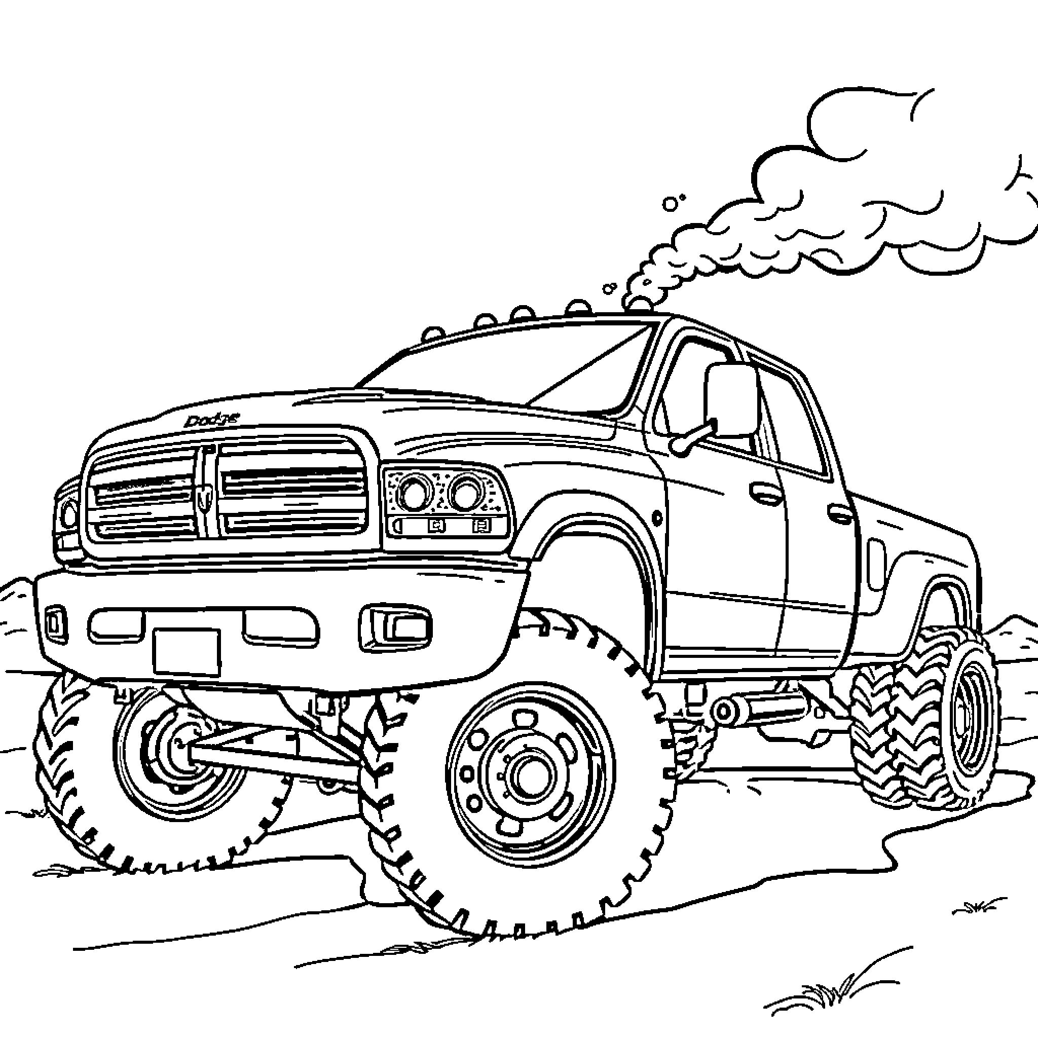 Dodge truck driving over rough terrain Coloring Page (free black-and-white line drawing printable PDF for all, from beginners to advanced learners, including children, teens, adults, and seniors)