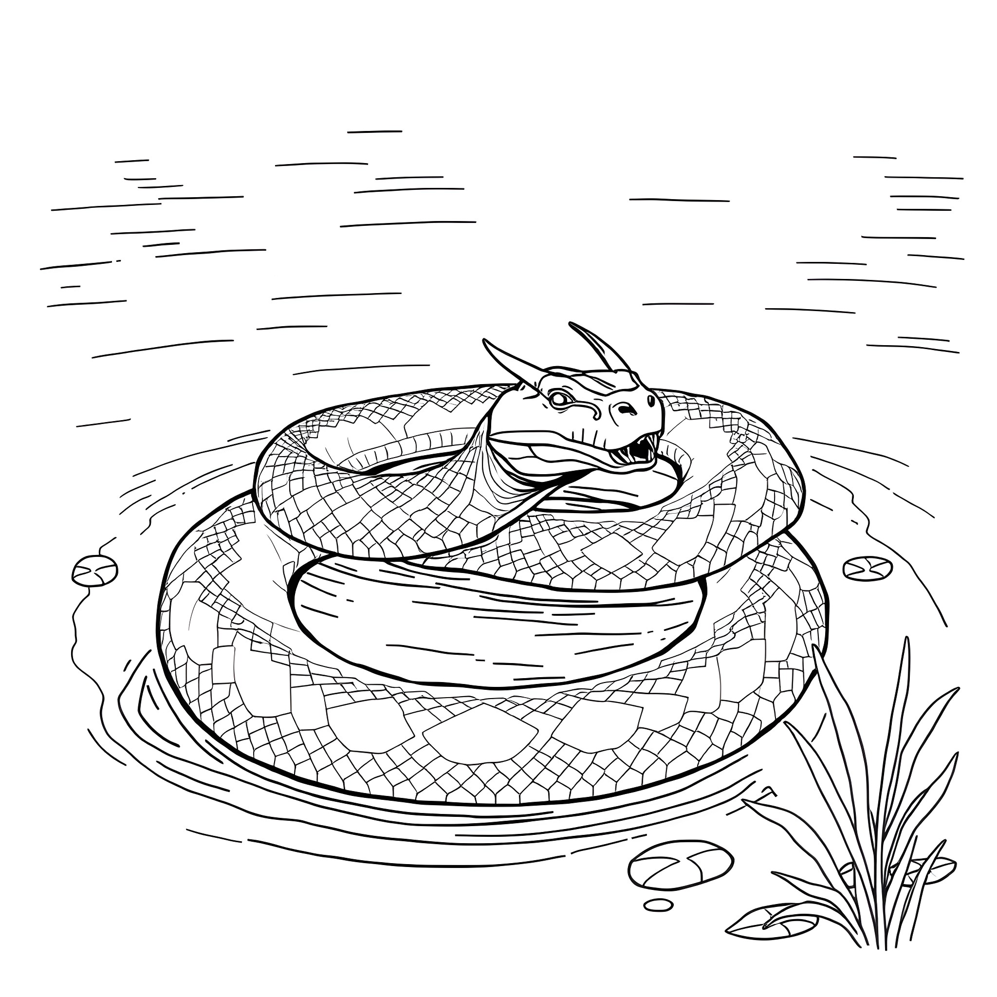 Uktena snake coiled and hissing in the wilderness Coloring Page (free black-and-white line drawing printable PDF for all, from beginners to advanced learners, including children, teens, adults, and seniors)