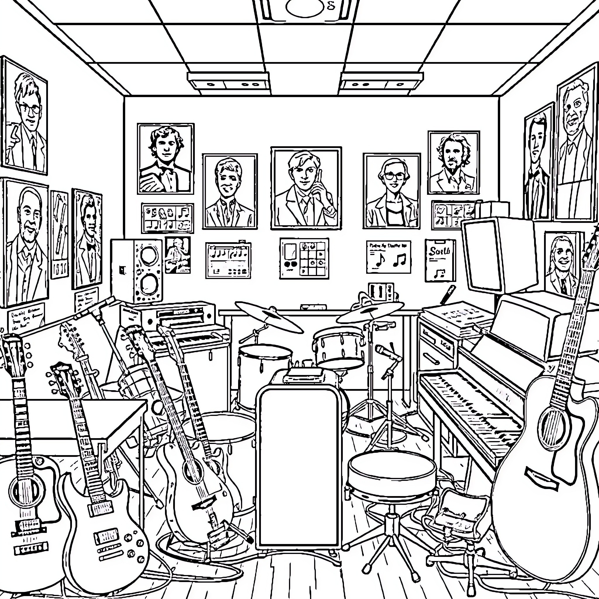 Music Classroom with Musical Instruments and Portraits Coloring Page (free black-and-white line drawing printable PDF for all, from beginners to advanced learners, including children, teens, adults, and seniors)