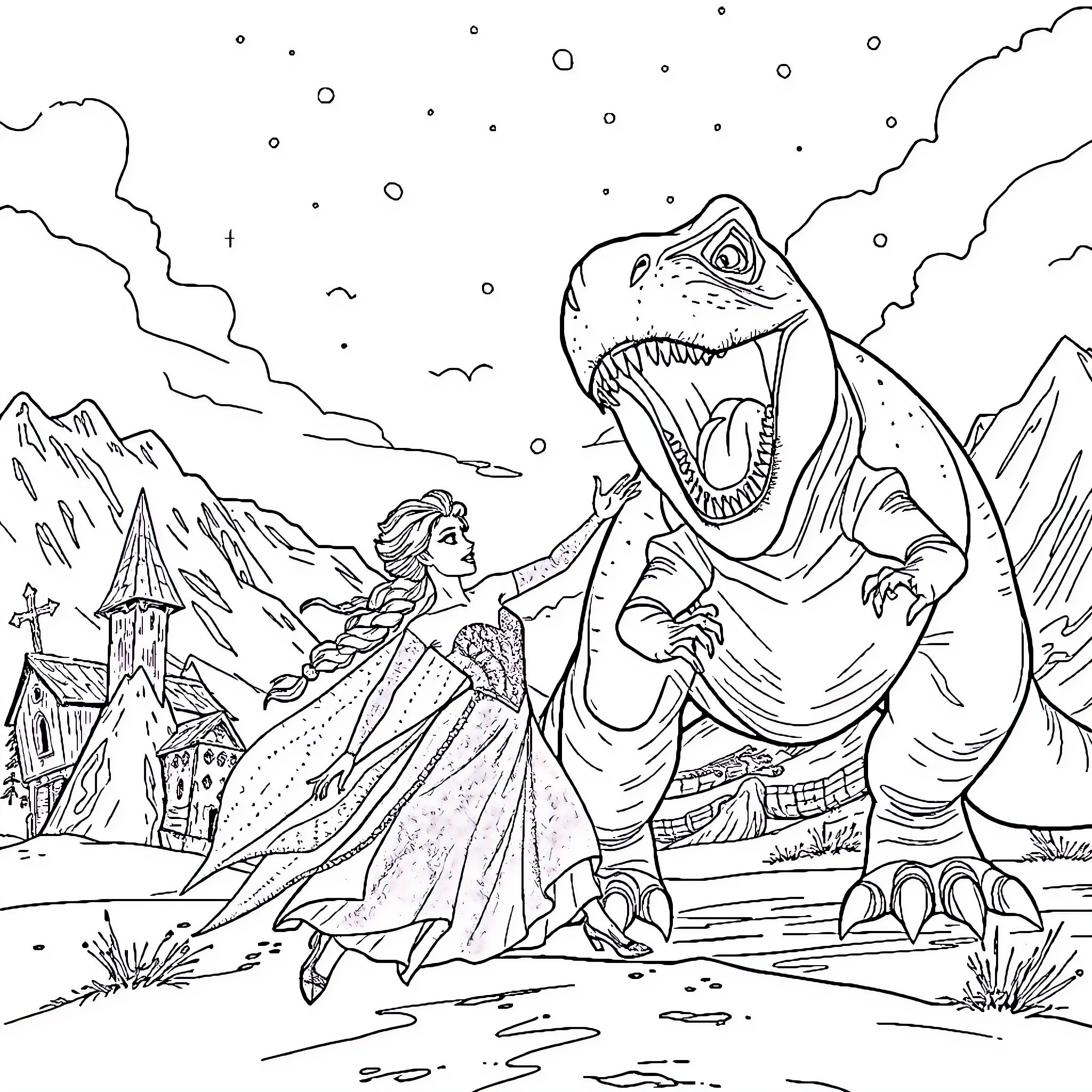 Elsa's Enchanting Encounter with the Fearsome Dinosaur Coloring Page (free black-and-white line drawing printable PDF for all, from beginners to advanced learners, including children, teens, adults, and seniors)