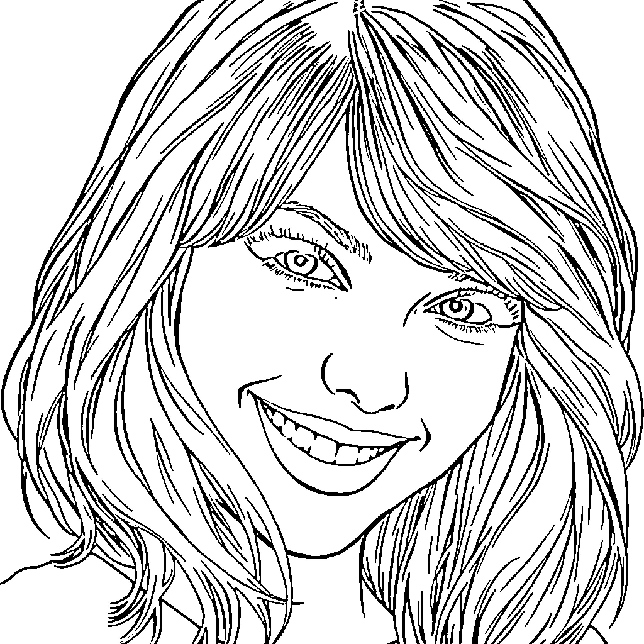 Taylor Swift posing with a friendly expression Coloring Page (free black-and-white line drawing printable PDF for all, from beginners to advanced learners, including children, teens, adults, and seniors)