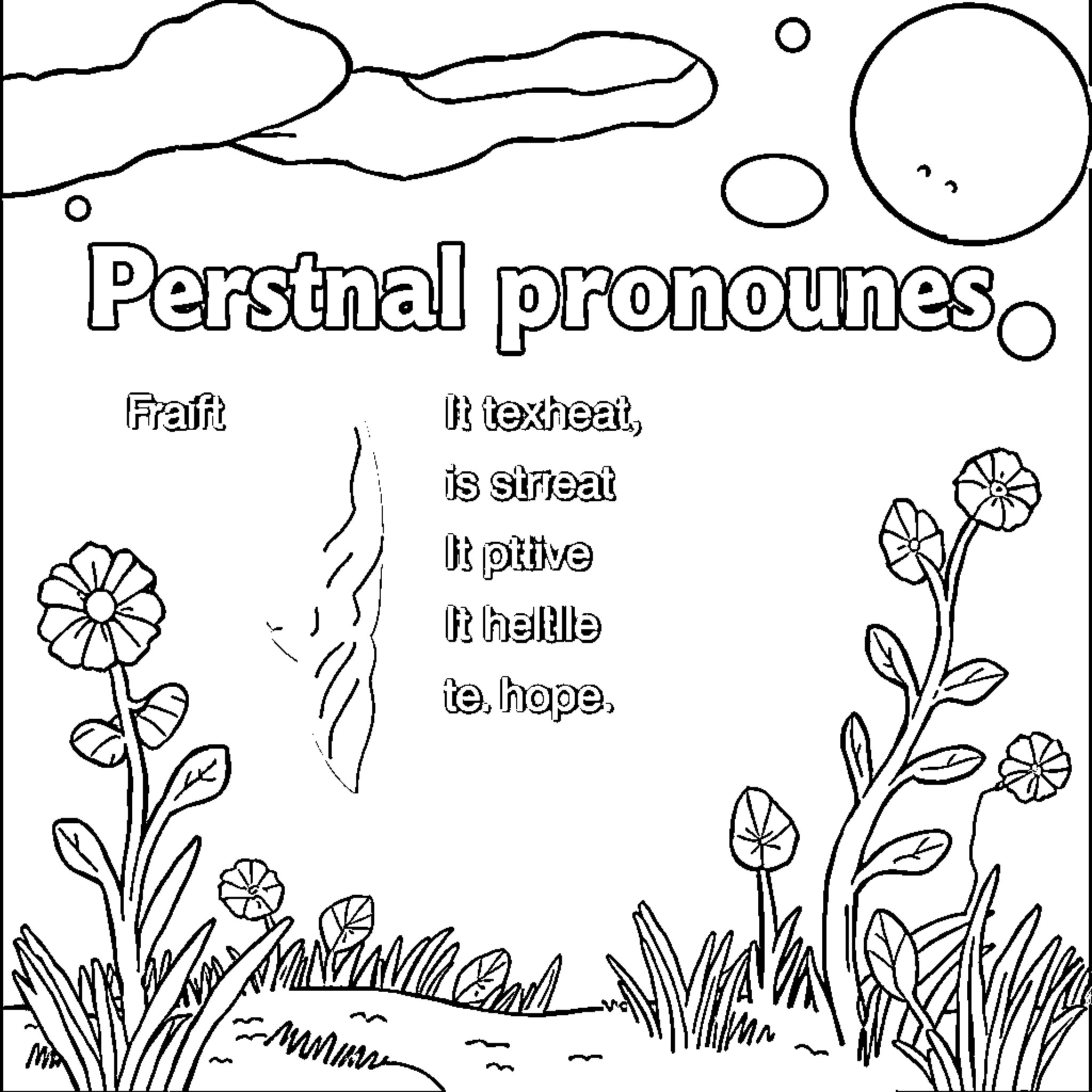 Pronouns learning in nature's setting Coloring Page (free black-and-white line drawing printable PDF for all, from beginners to advanced learners, including children, teens, adults, and seniors)