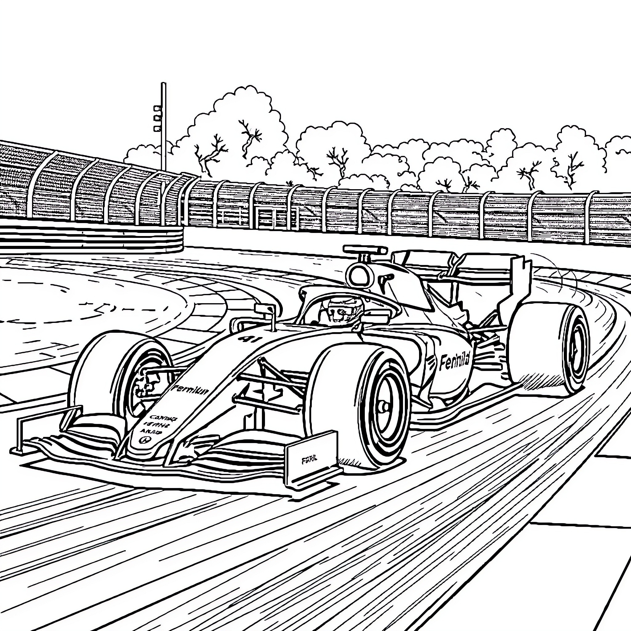 Formula 1 Car speeding through the racetrack Coloring Page (free black-and-white line drawing printable PDF for all, from beginners to advanced learners, including children, teens, adults, and seniors)
