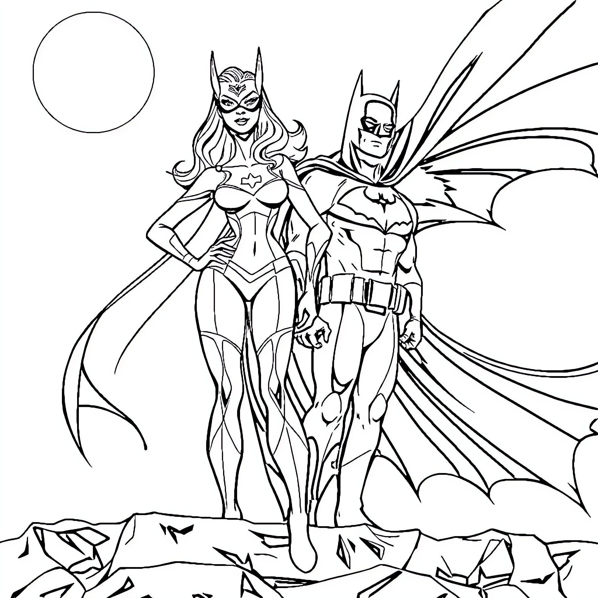 Wonder Woman and Batman saving the city Coloring Page (free black-and-white line drawing printable PDF for all, from beginners to advanced learners, including children, teens, adults, and seniors)
