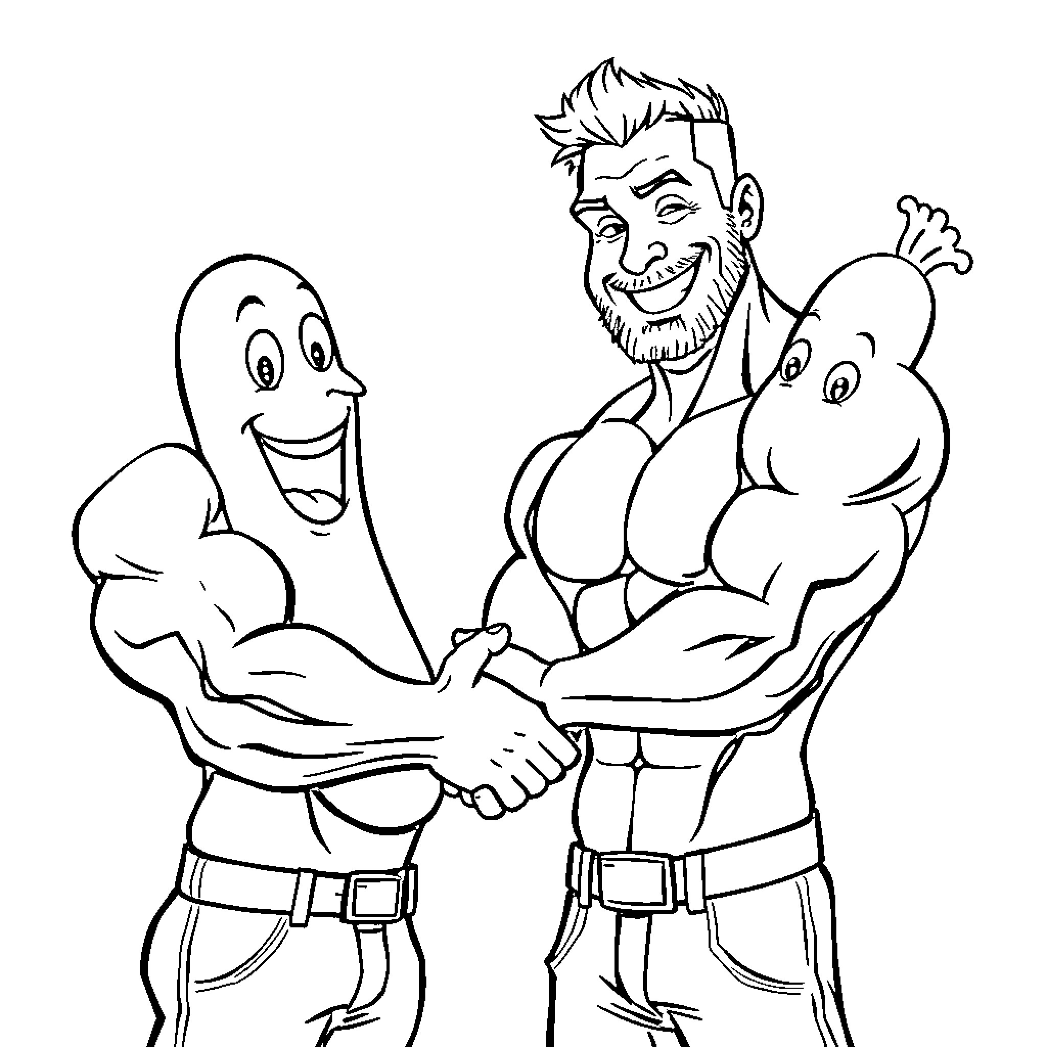 Guy Shaking Hands with Muscular Guy Coloring Page (free black-and-white line drawing printable PDF for all, from beginners to advanced learners, including children, teens, adults, and seniors)