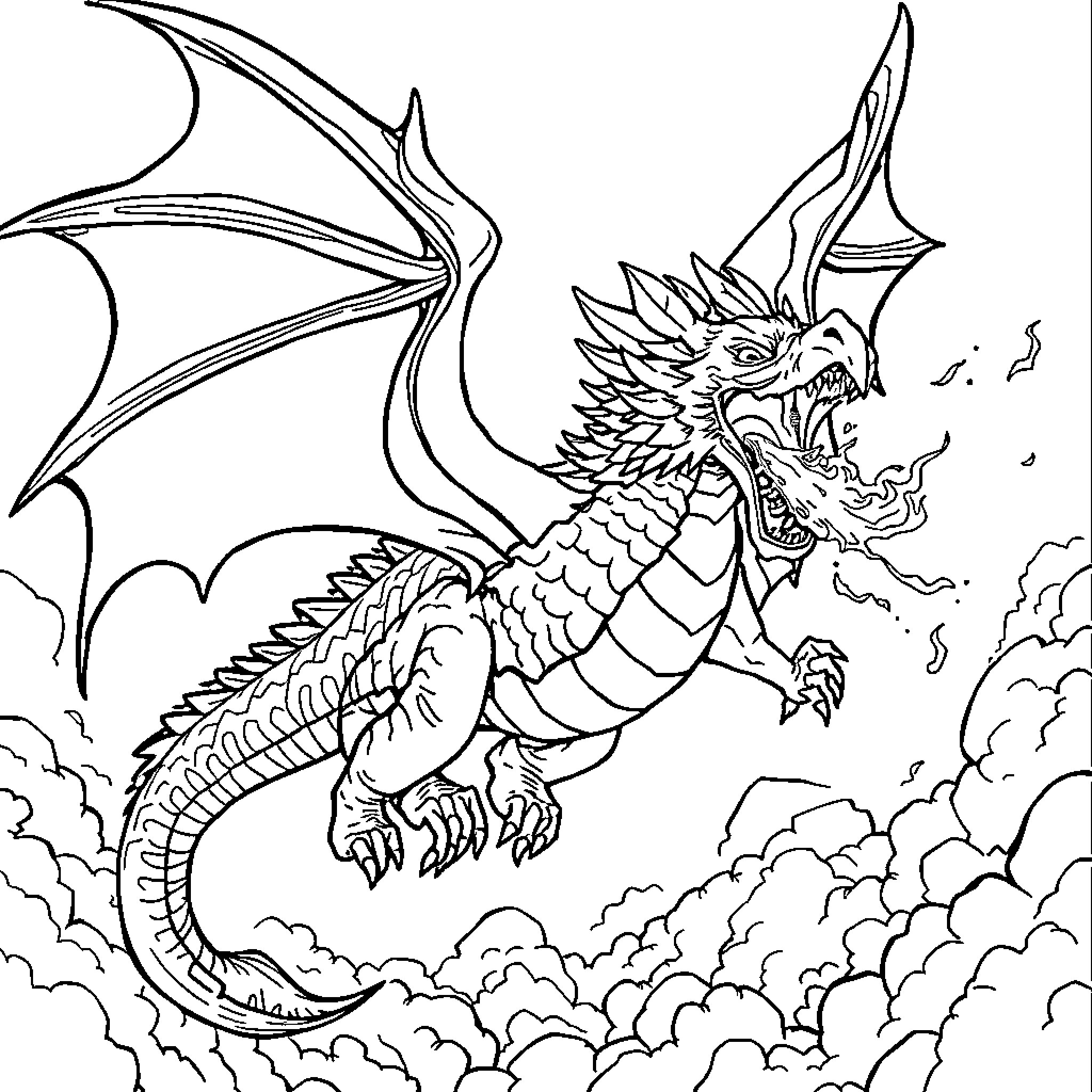 Dragon breathing fire and soaring through the sky Coloring Page (free black-and-white line drawing printable PDF for all, from beginners to advanced learners, including children, teens, adults, and seniors)