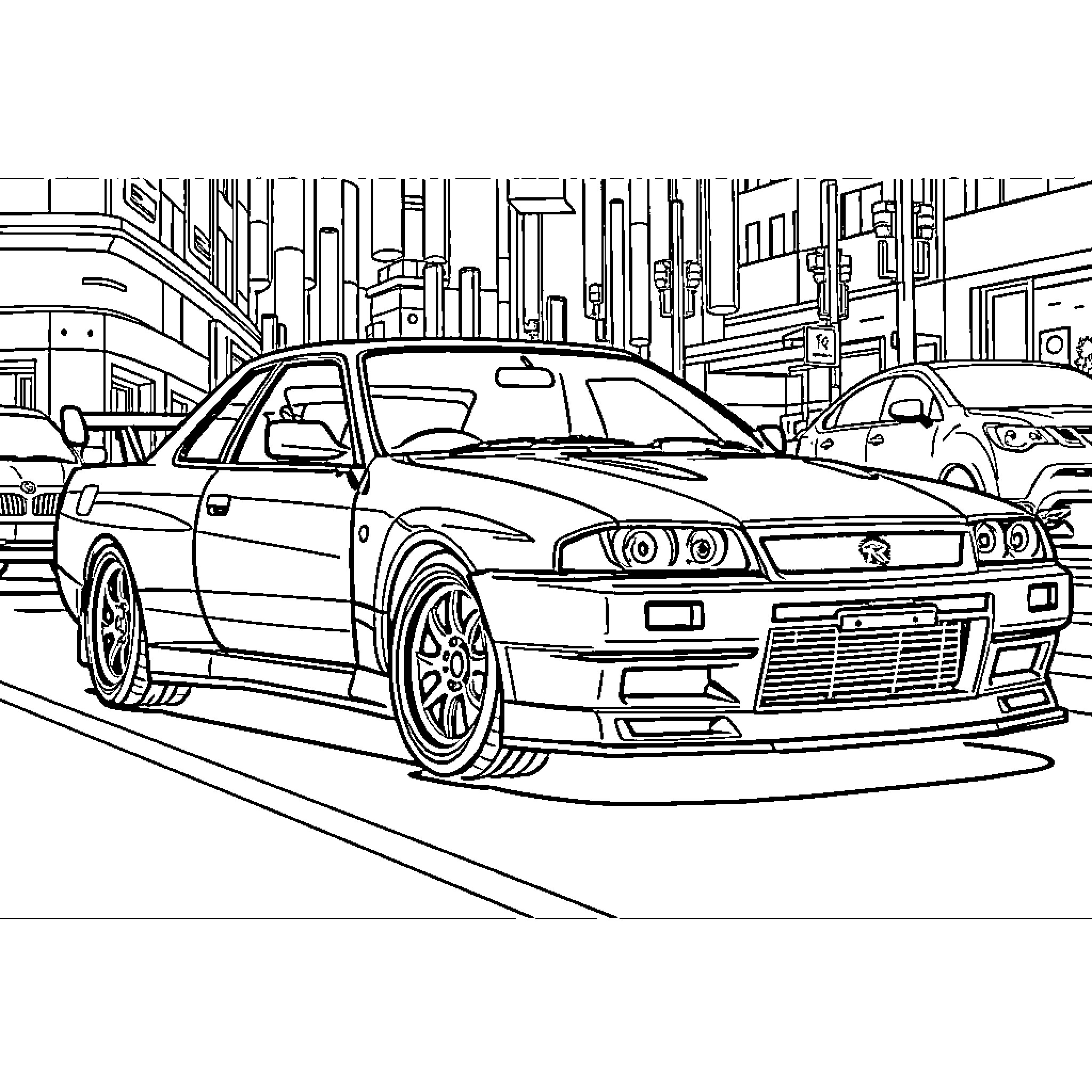 Skyline of sleek sports cars on city streets Coloring Page (free black-and-white line drawing printable PDF for all, from beginners to advanced learners, including children, teens, adults, and seniors)