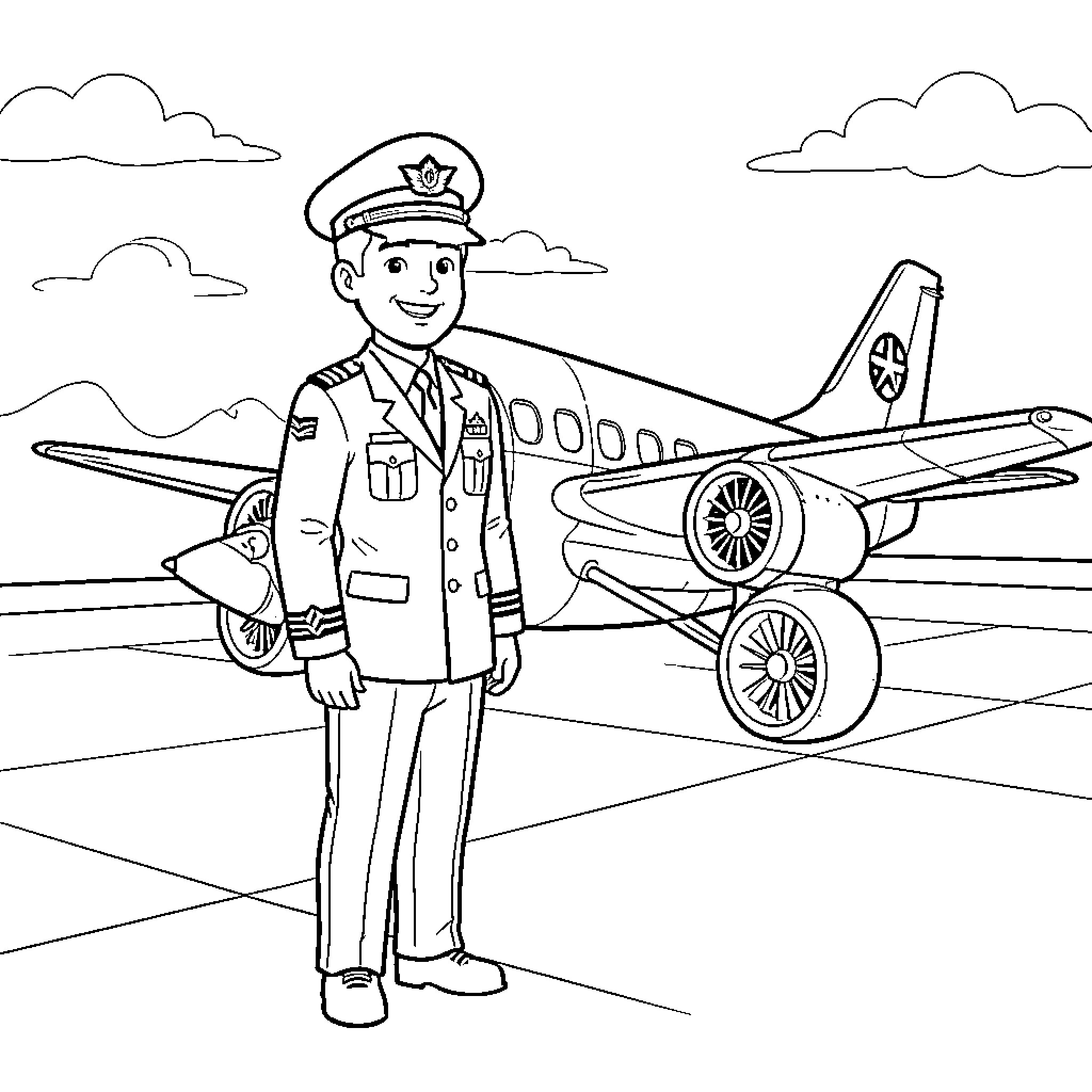 Pilot standing proudly next to aircraft Coloring Page (free black-and-white line drawing printable PDF for all, from beginners to advanced learners, including children, teens, adults, and seniors)