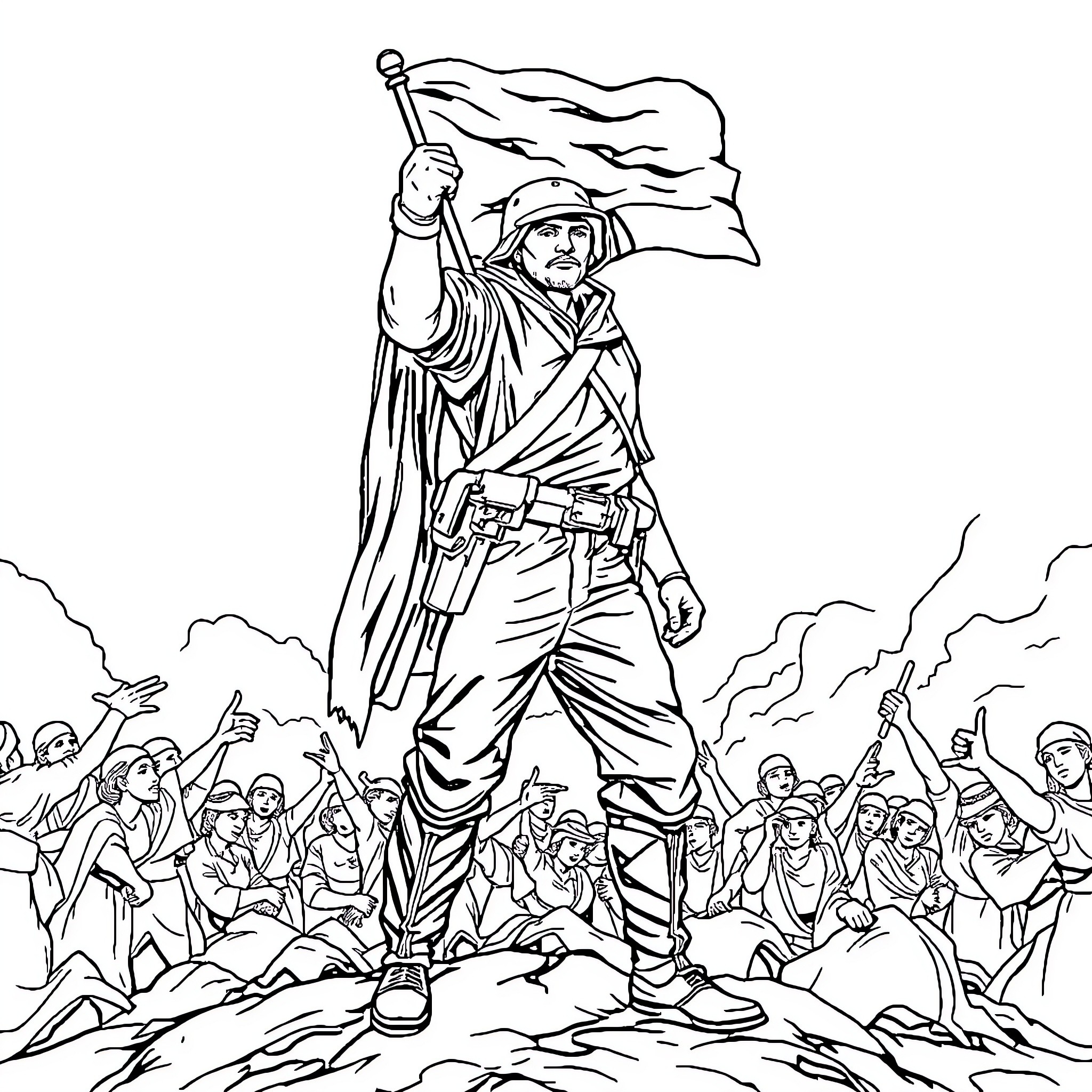 Freedomfighter leading charge with raised flag and crowd Coloring Page (free black-and-white line drawing printable PDF for all, from beginners to advanced learners, including children, teens, adults, and seniors)