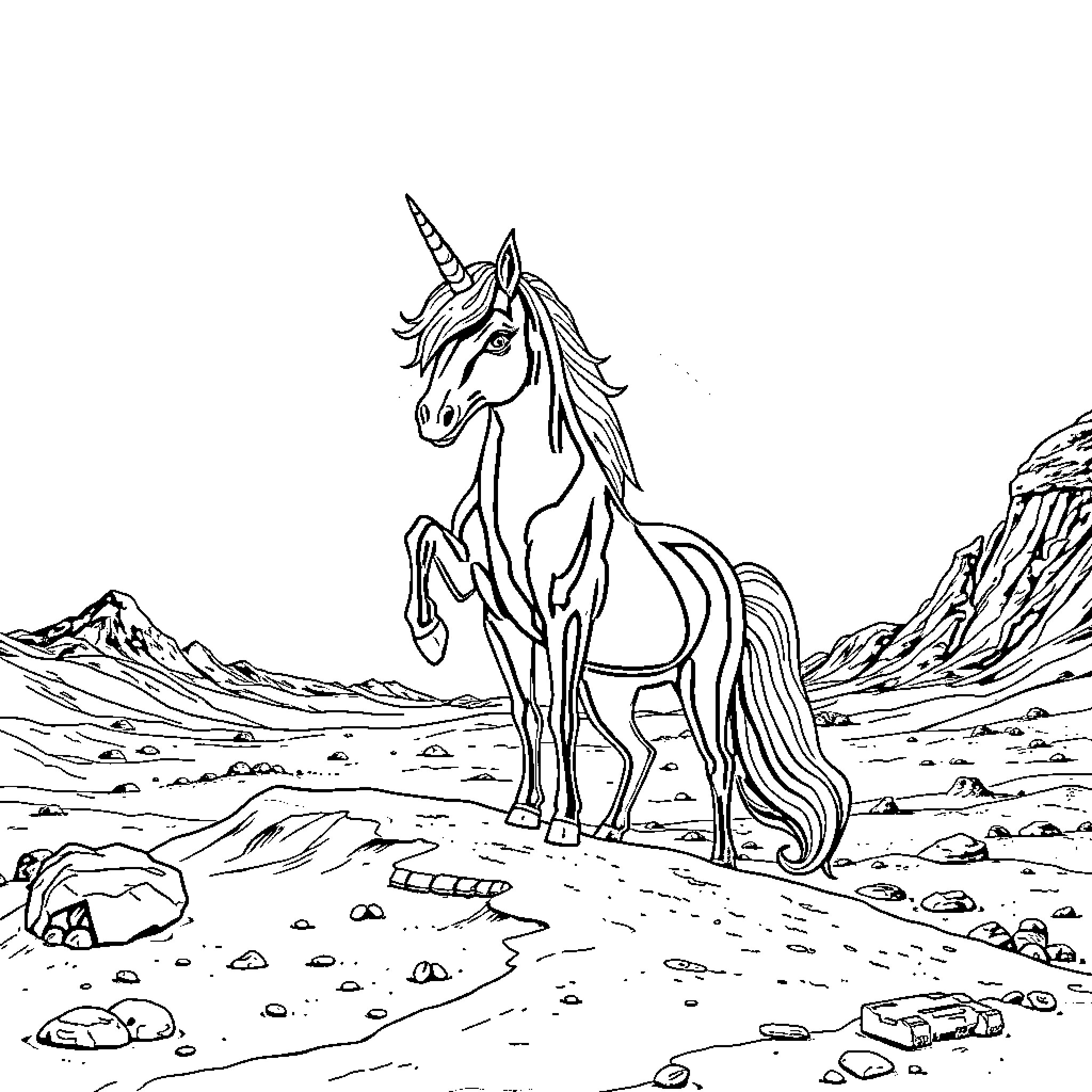 Unicorn standing proudly in a rugged landscape Coloring Page (free black-and-white line drawing printable PDF for all, from beginners to advanced learners, including children, teens, adults, and seniors)