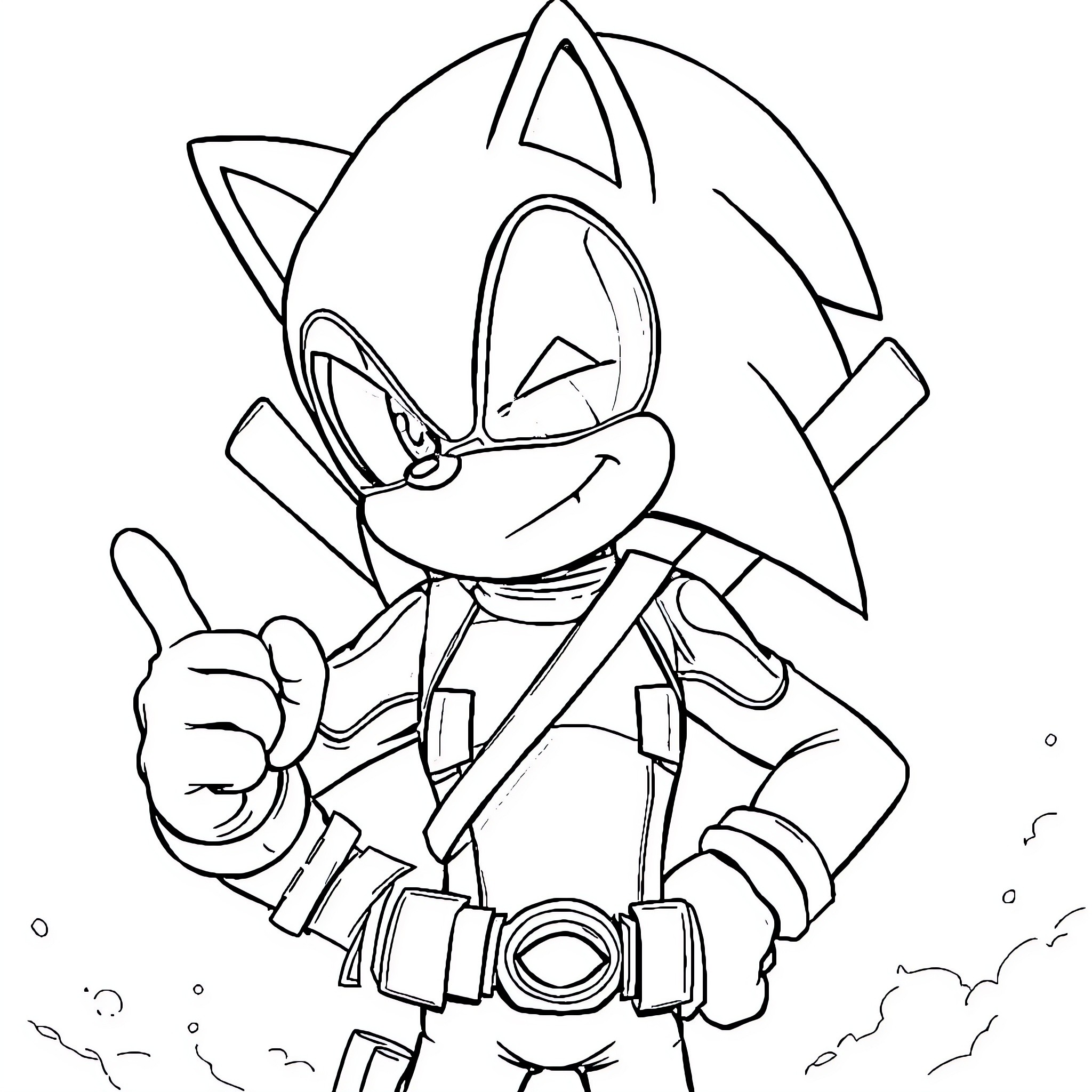 Sonic in an excited pose with thumbs up Coloring Page (free black-and-white line drawing printable PDF for all, from beginners to advanced learners, including children, teens, adults, and seniors)