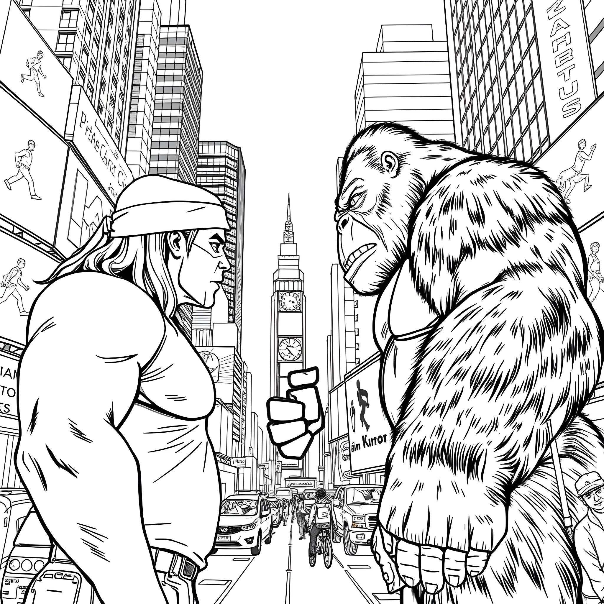 Hulk Hogan facing off with a massive beast in the city Coloring Page (free black-and-white line drawing printable PDF for all, from beginners to advanced learners, including children, teens, adults, and seniors)