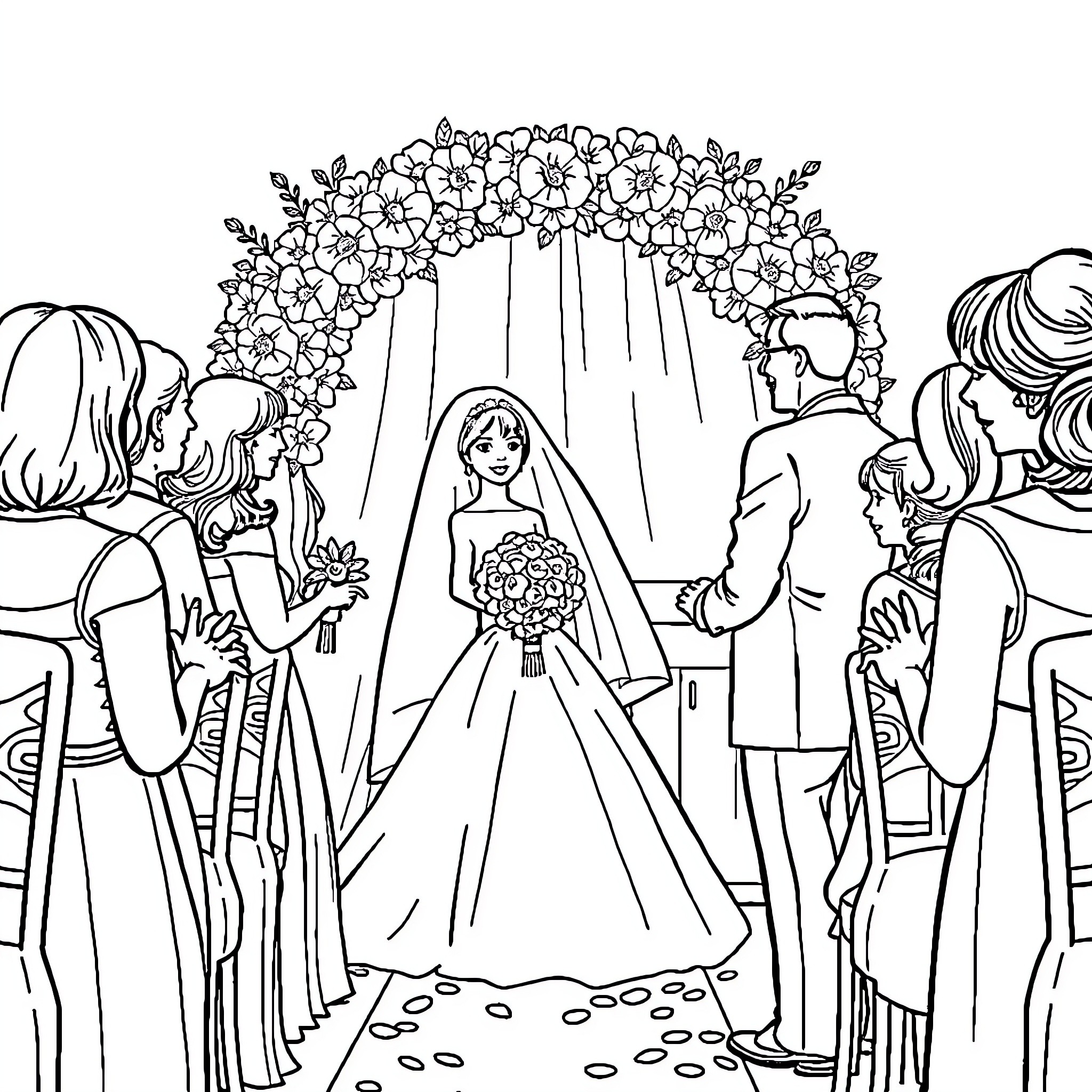 Wedding ceremony with bride and guests Coloring Page (free black-and-white line drawing printable PDF for all, from beginners to advanced learners, including children, teens, adults, and seniors)