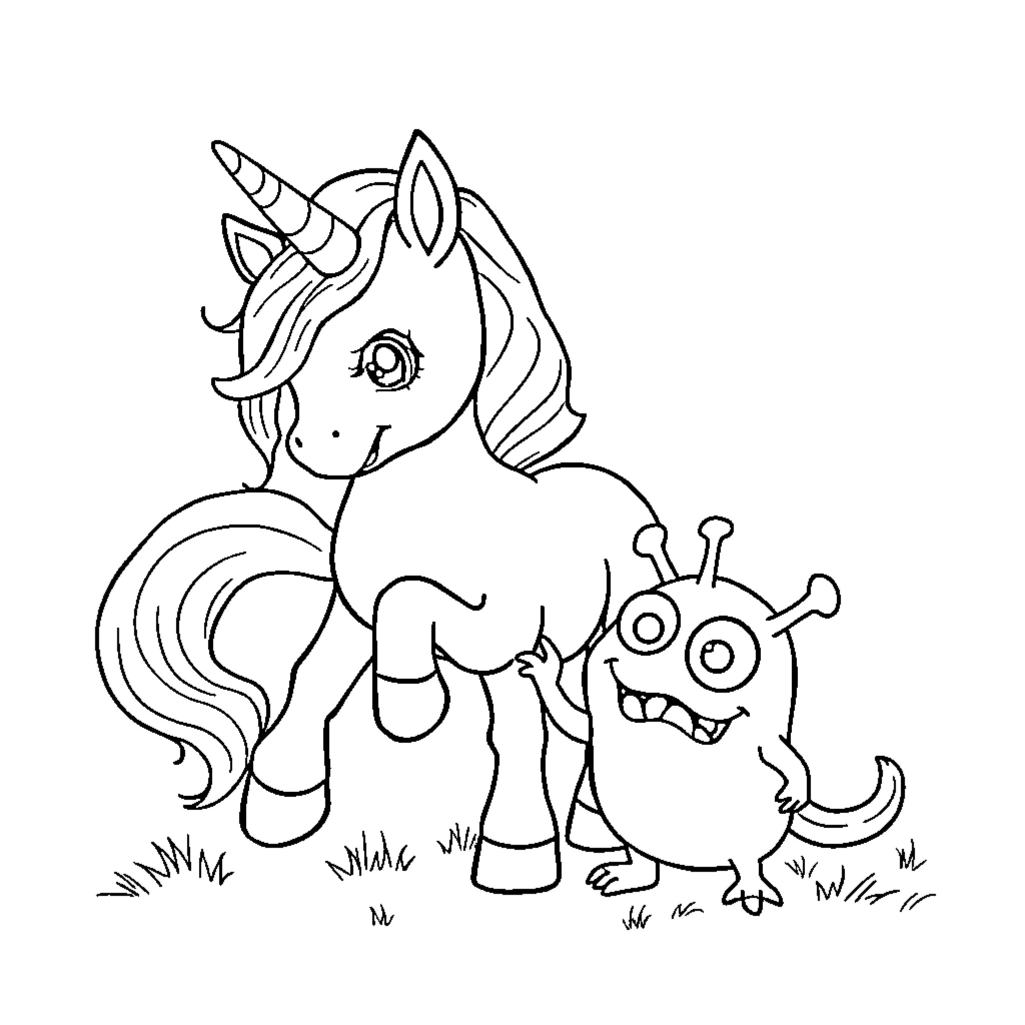 Unicorn playing with friendly monster Coloring Page (free black-and-white line drawing printable PDF for all, from beginners to advanced learners, including children, teens, adults, and seniors)