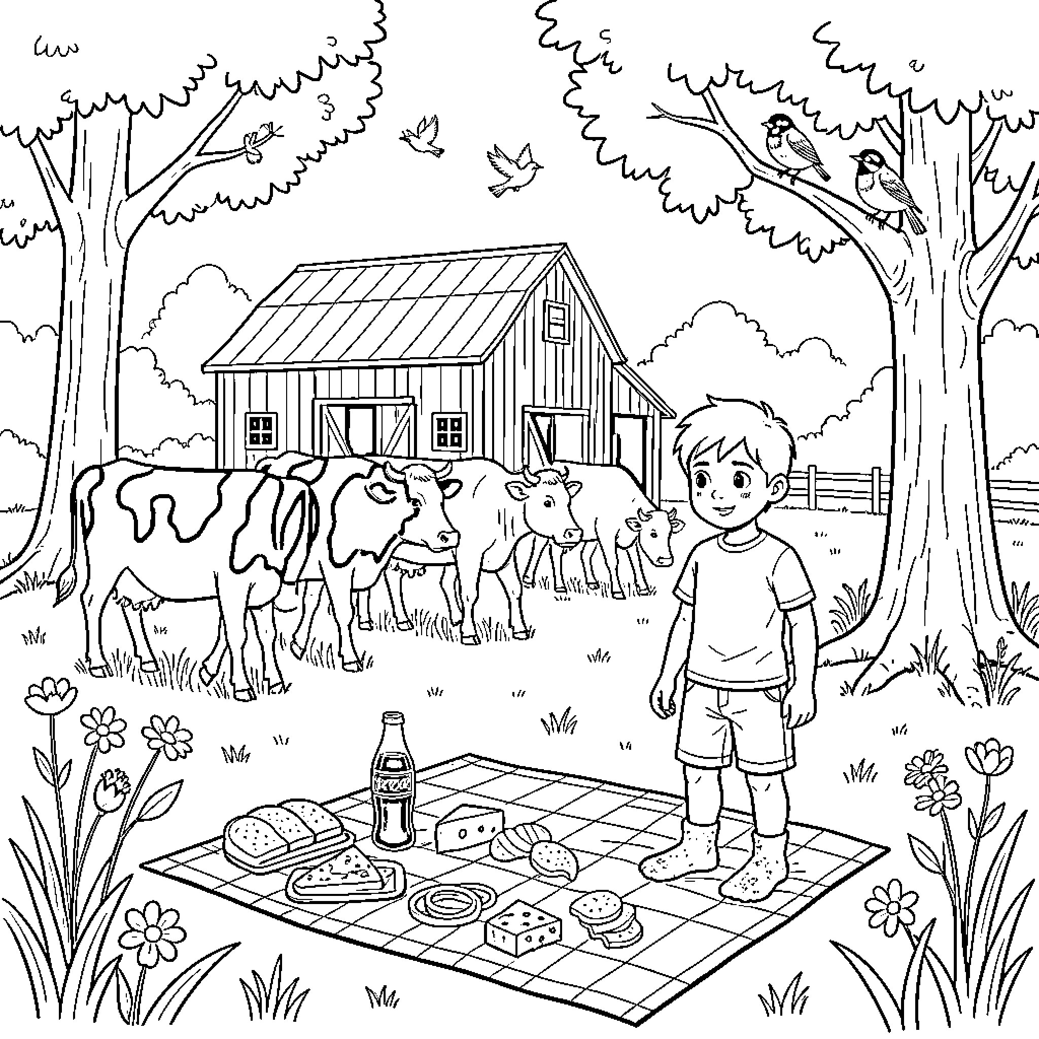 Child standing near cows and a picnic blanket Coloring Page (free black-and-white line drawing printable PDF for all, from beginners to advanced learners, including children, teens, adults, and seniors)