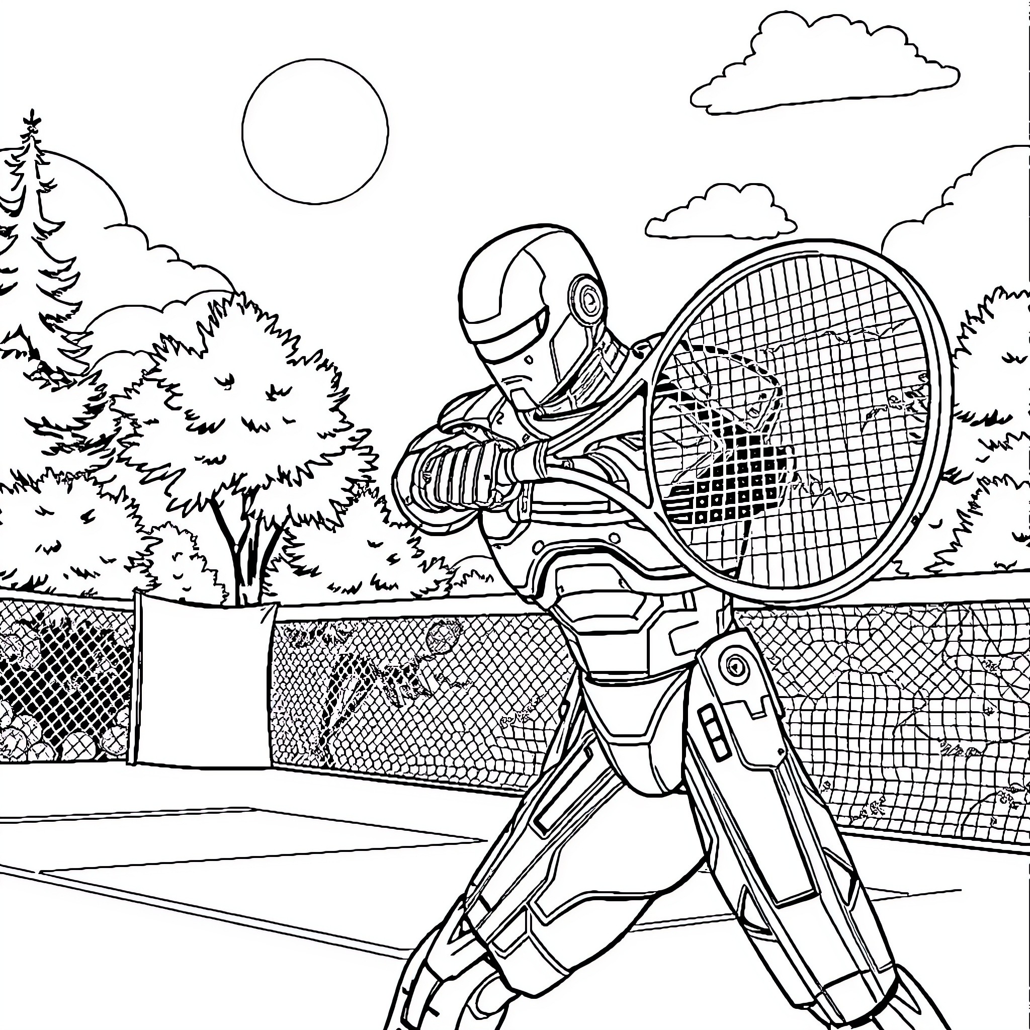 Robocop playing tennis in a futuristic setting Coloring Page (free black-and-white line drawing printable PDF for all, from beginners to advanced learners, including children, teens, adults, and seniors)