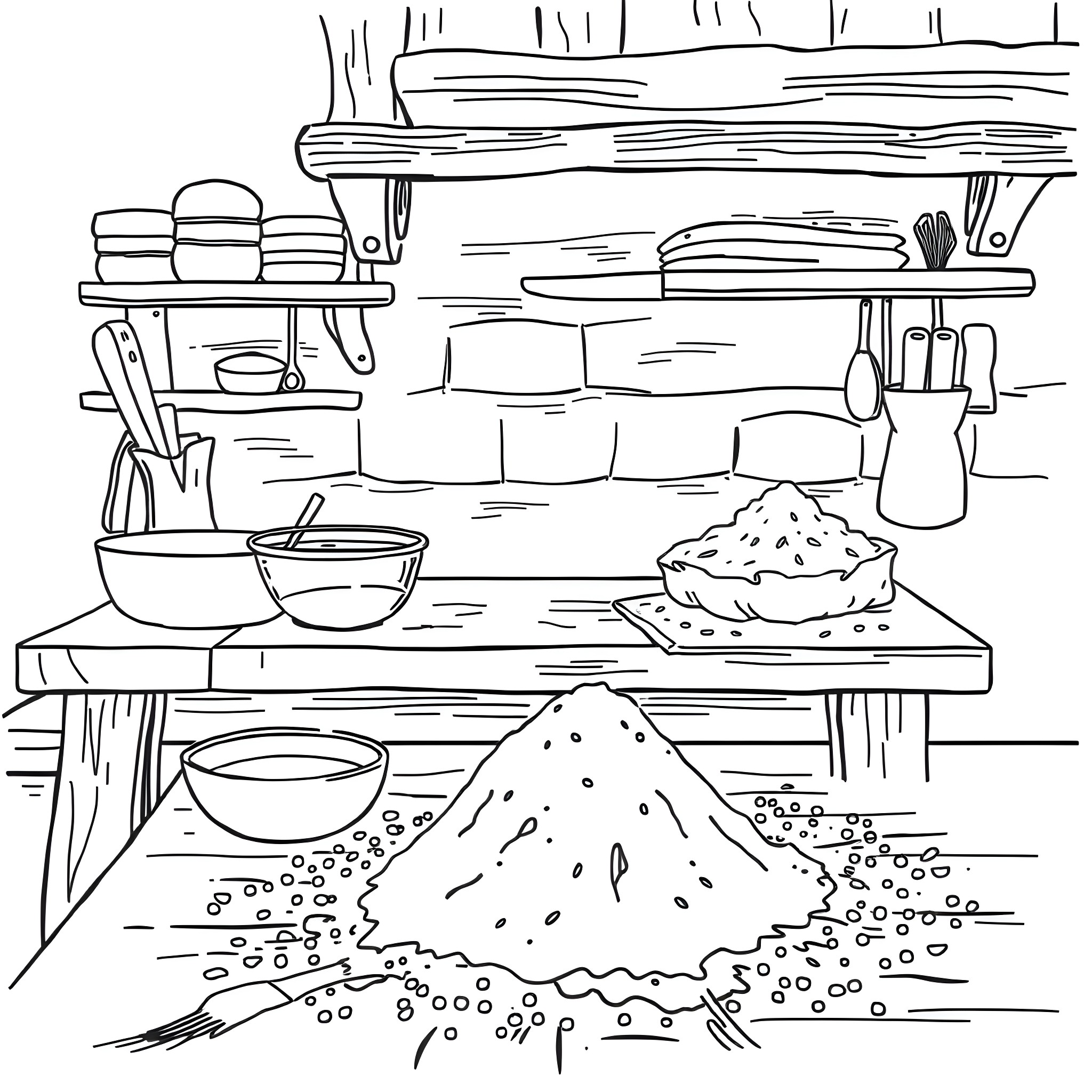 Bread and Kitchen Utensils on Rustic Shelves Coloring Page (free black-and-white line drawing printable PDF for all, from beginners to advanced learners, including children, teens, adults, and seniors)