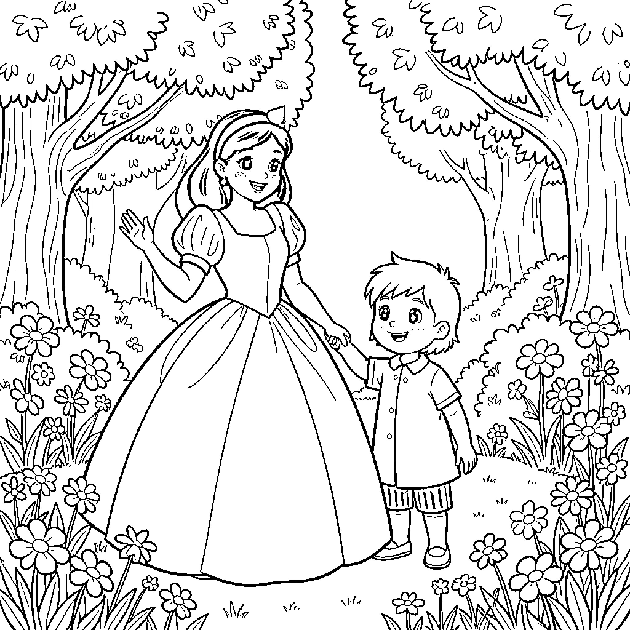 Snow White's Garden Adventure with Friendly Companion Coloring Page (free black-and-white line drawing printable PDF for all, from beginners to advanced learners, including children, teens, adults, and seniors)